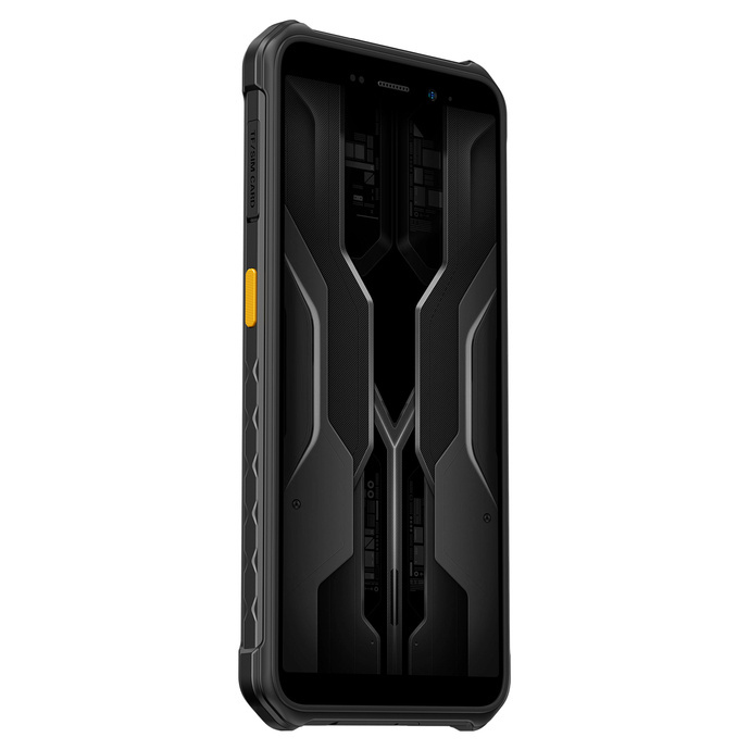Wytrzymały czarny smartfon z żółtym przyciskiem z boku na białym tle.