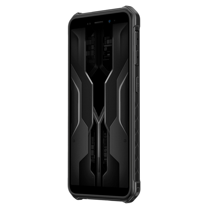 Wytrzymały czarny smartfon z teksturowanym etui ochronnym, widok z boku.