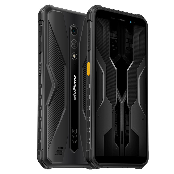 Czarny smartfon Ulefone, wytrzymała konstrukcja pokazująca przód i tył, na białym tle.