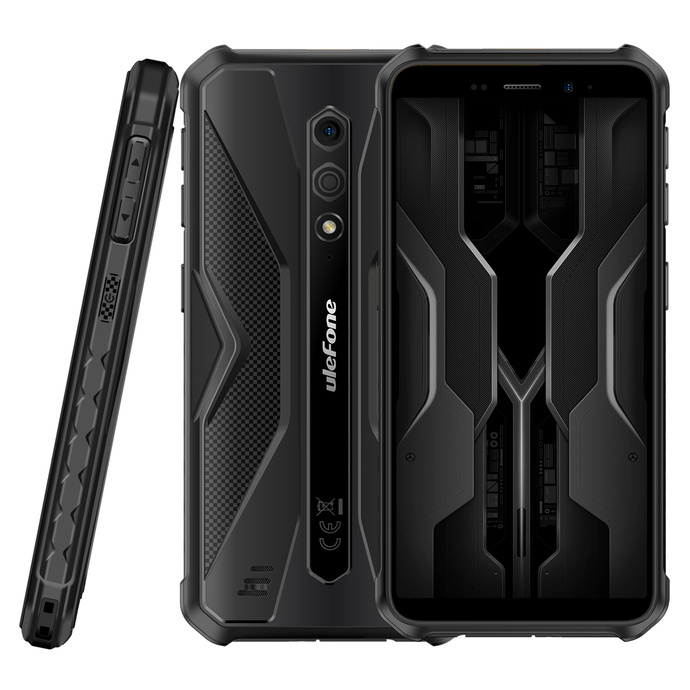 Wytrzymały czarny smartfon Ulefone pokazany z boku, z tyłu i z przodu, z teksturowaną obudową.