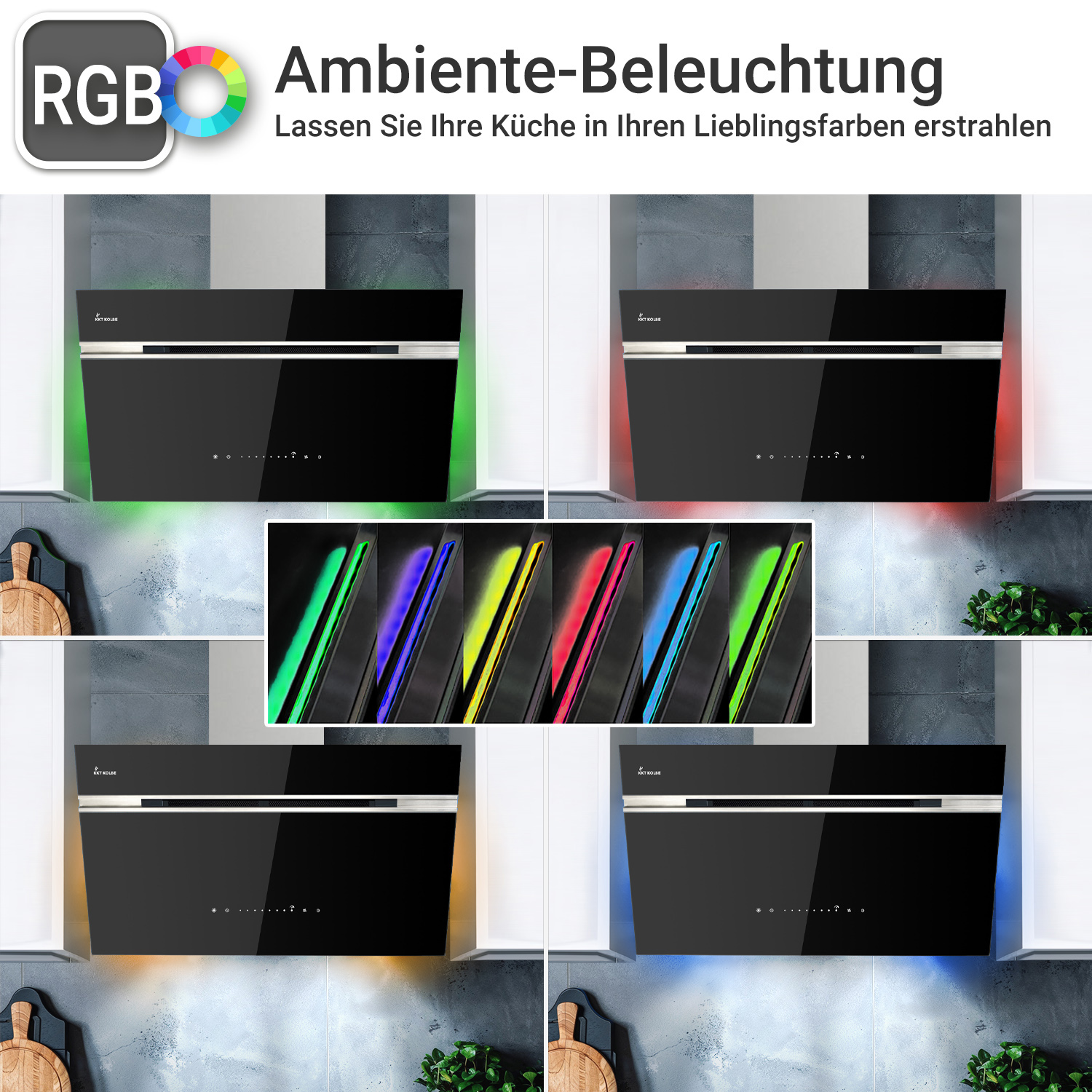 Illuminazione ambientale RGB su una cappa aspirante nera in vari colori.