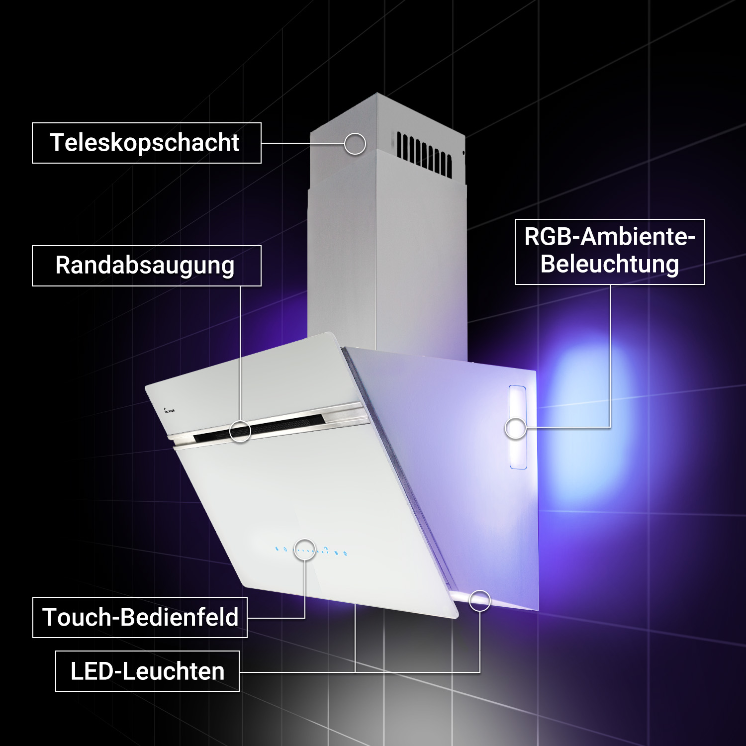 Moderna cappa aspirante bianca con camino telescopico, aspirazione perimetrale, pannello touch, luci LED e illuminazione RGB.