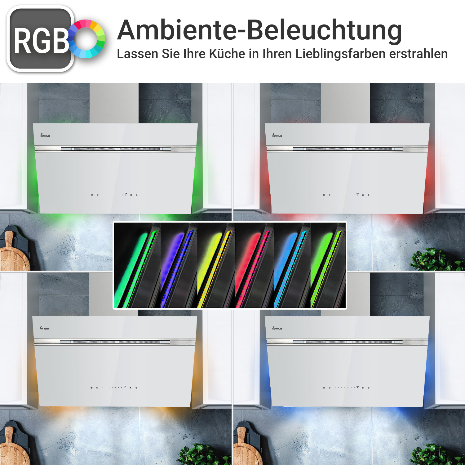 Cappa aspirante bianca con illuminazione ambientale RGB personalizzabile in vari colori.
