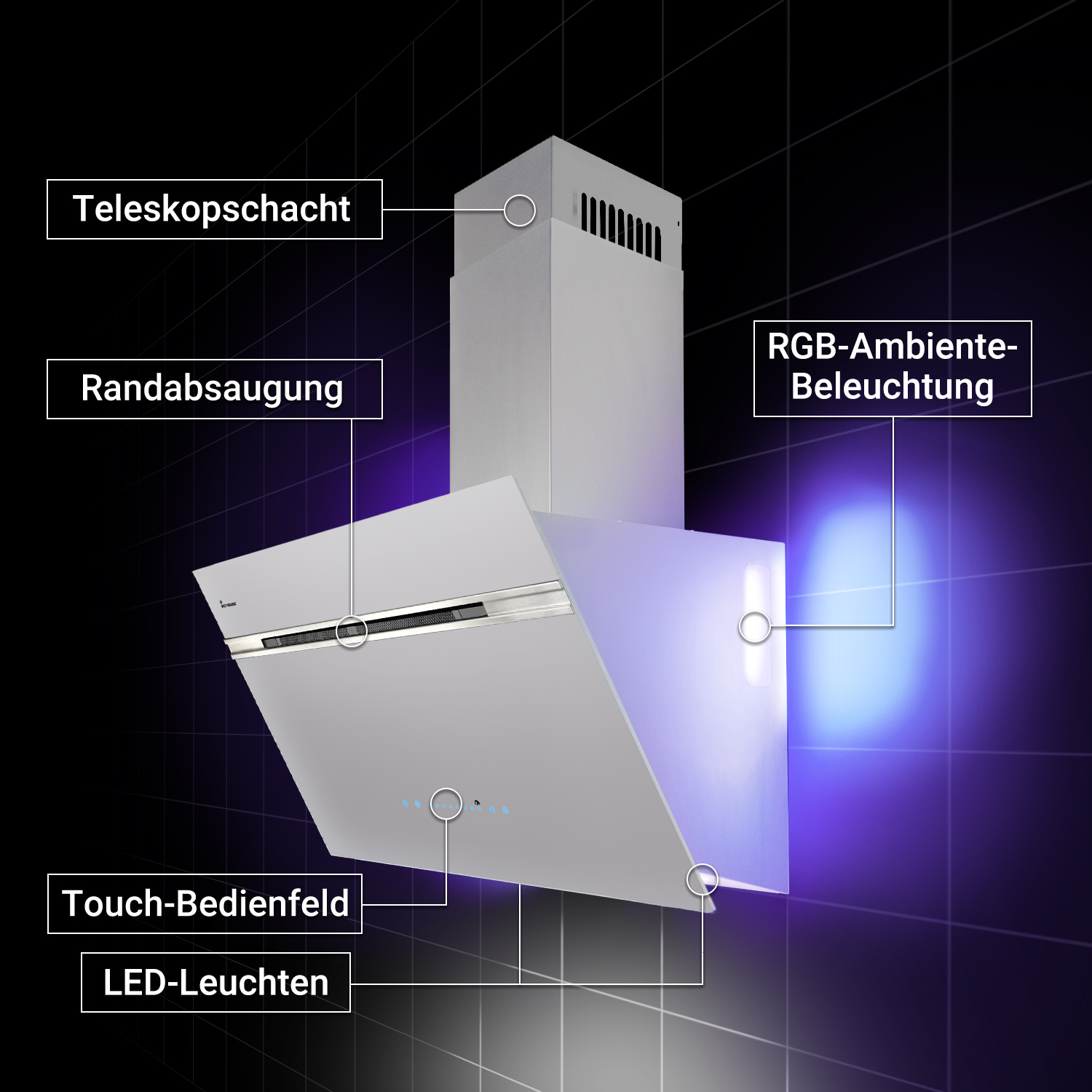 Moderna cappa aspirante con condotto telescopico e illuminazione RGB su sfondo nero.