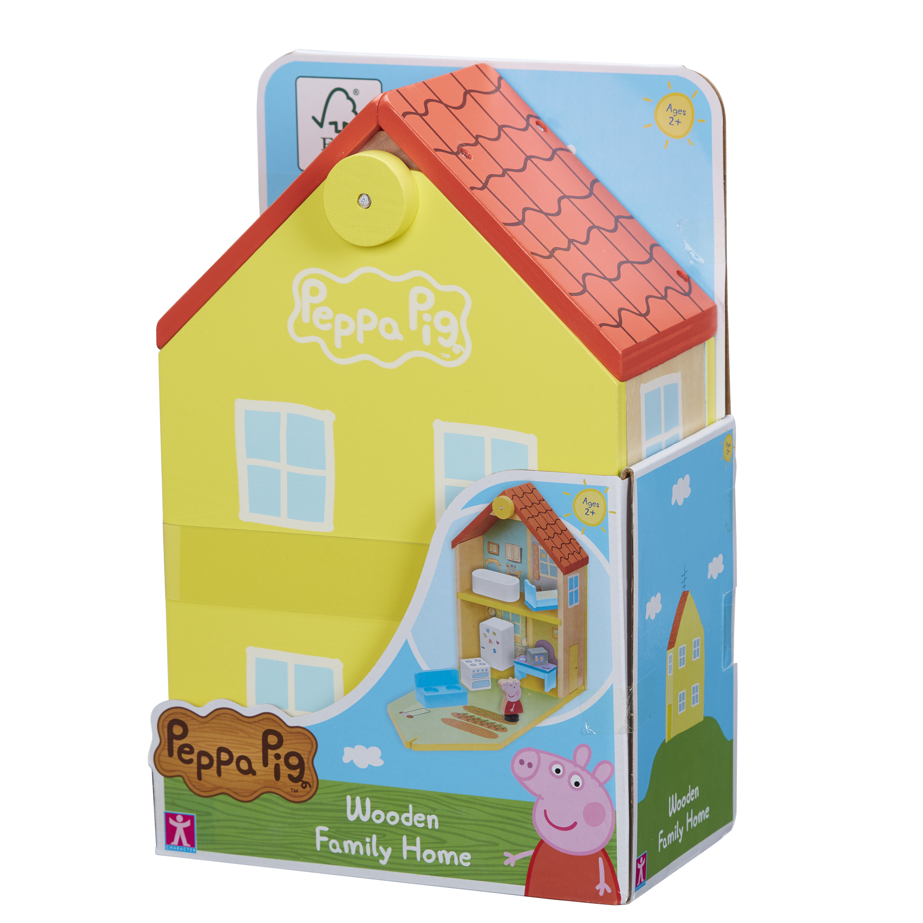 Empaque de una casa de juguete de madera de Peppa Pig con paredes amarillas y techo rojo sobre fondo blanco.