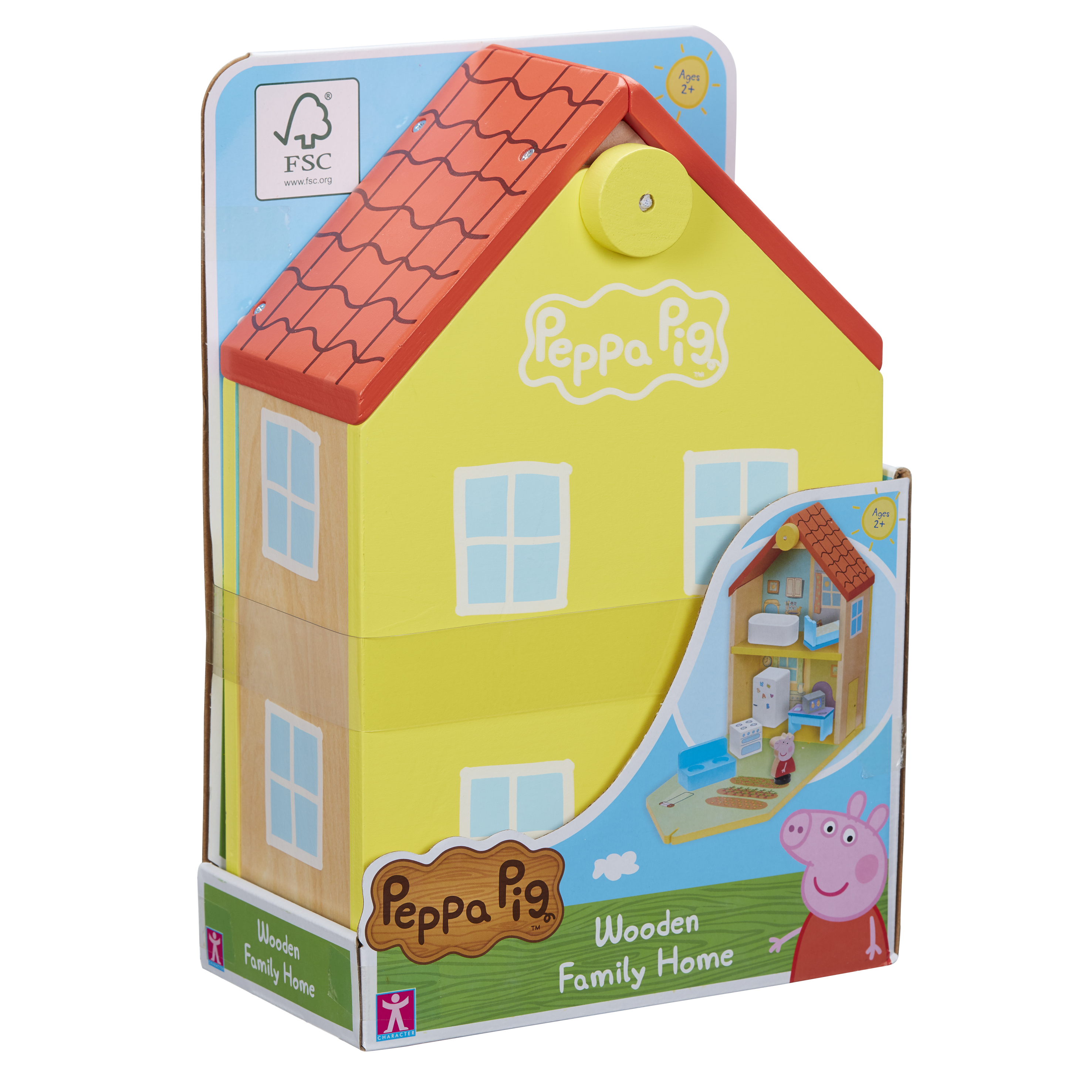 Una casa de juguete de madera de Peppa Pig en su empaque con techo rojo y ventanas.