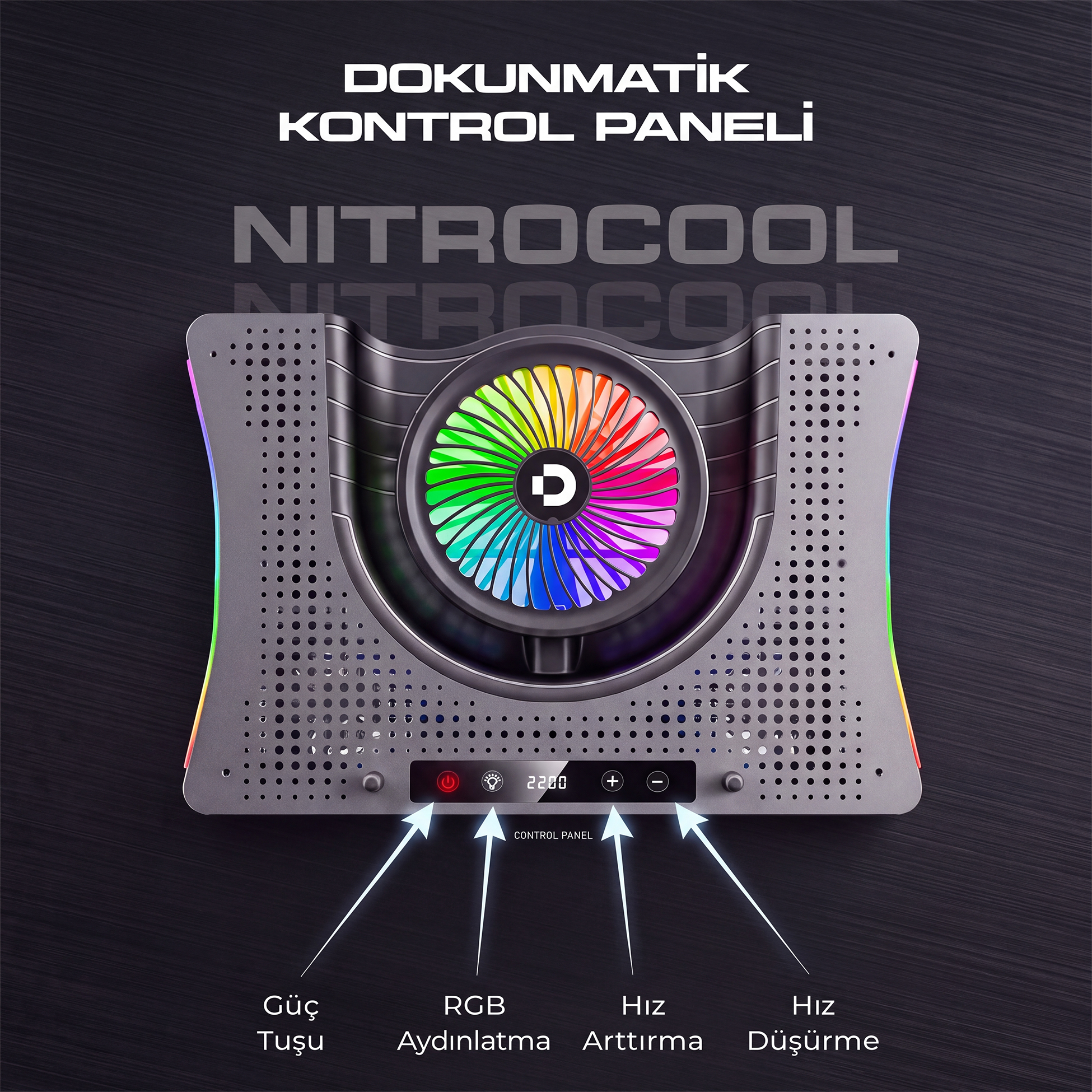 RGB fanlı, dokunmatik kontrol panelli ve güç, ışık, hız için etiketli düğmelere sahip siyah laptop soğutucu.