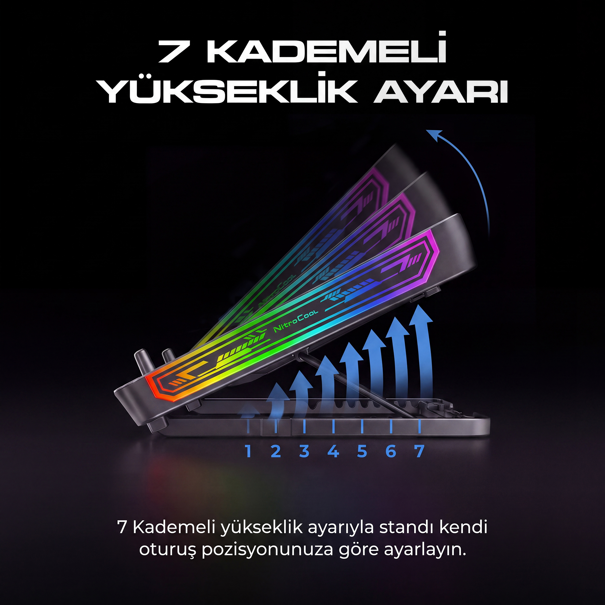 Yedi kademeli yükseklik ayarına ve RGB aydınlatmaya sahip laptop standı.