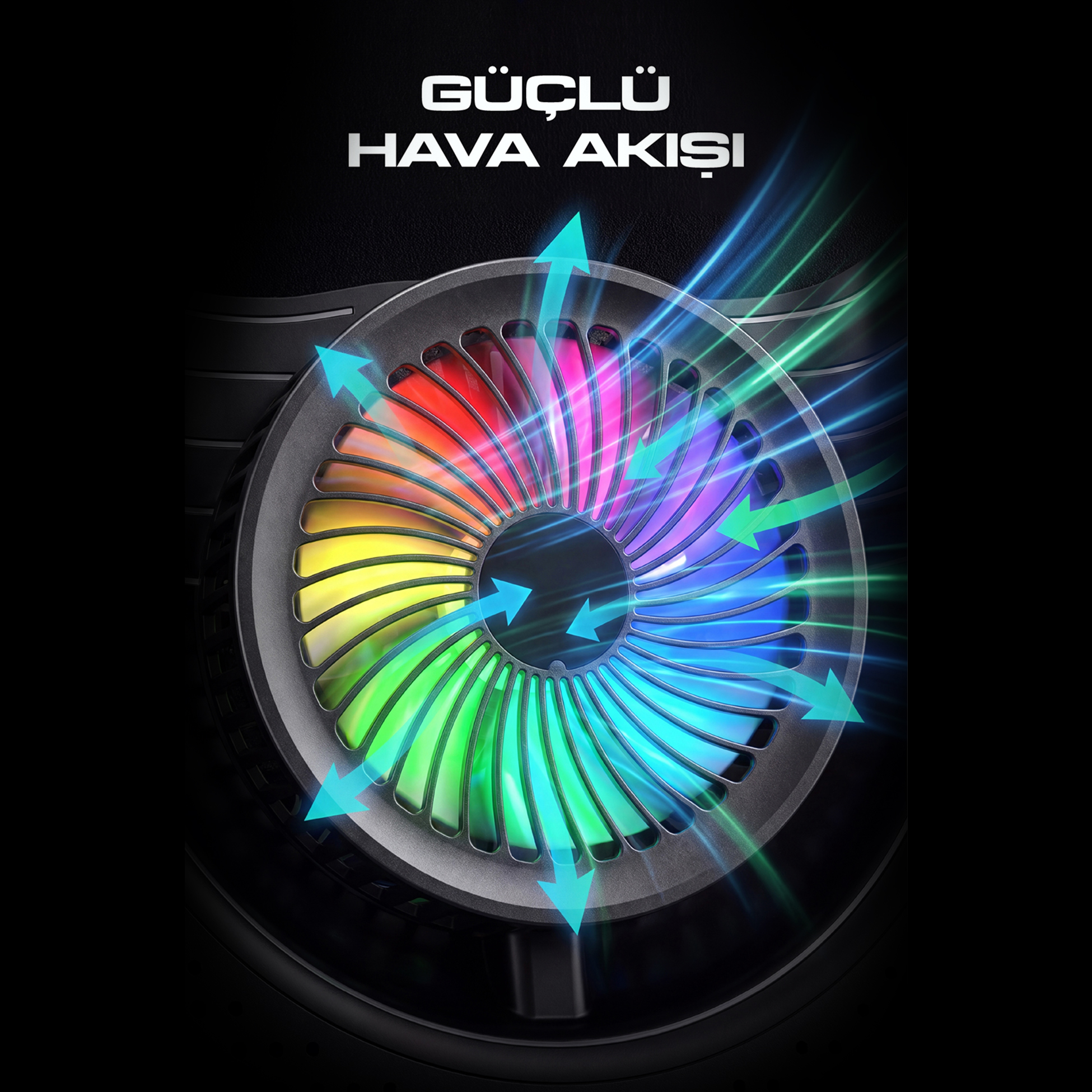 Siyah arka planda güçlü hava akışını gösteren oklarla aydınlatılmış RGB soğutma fanı.