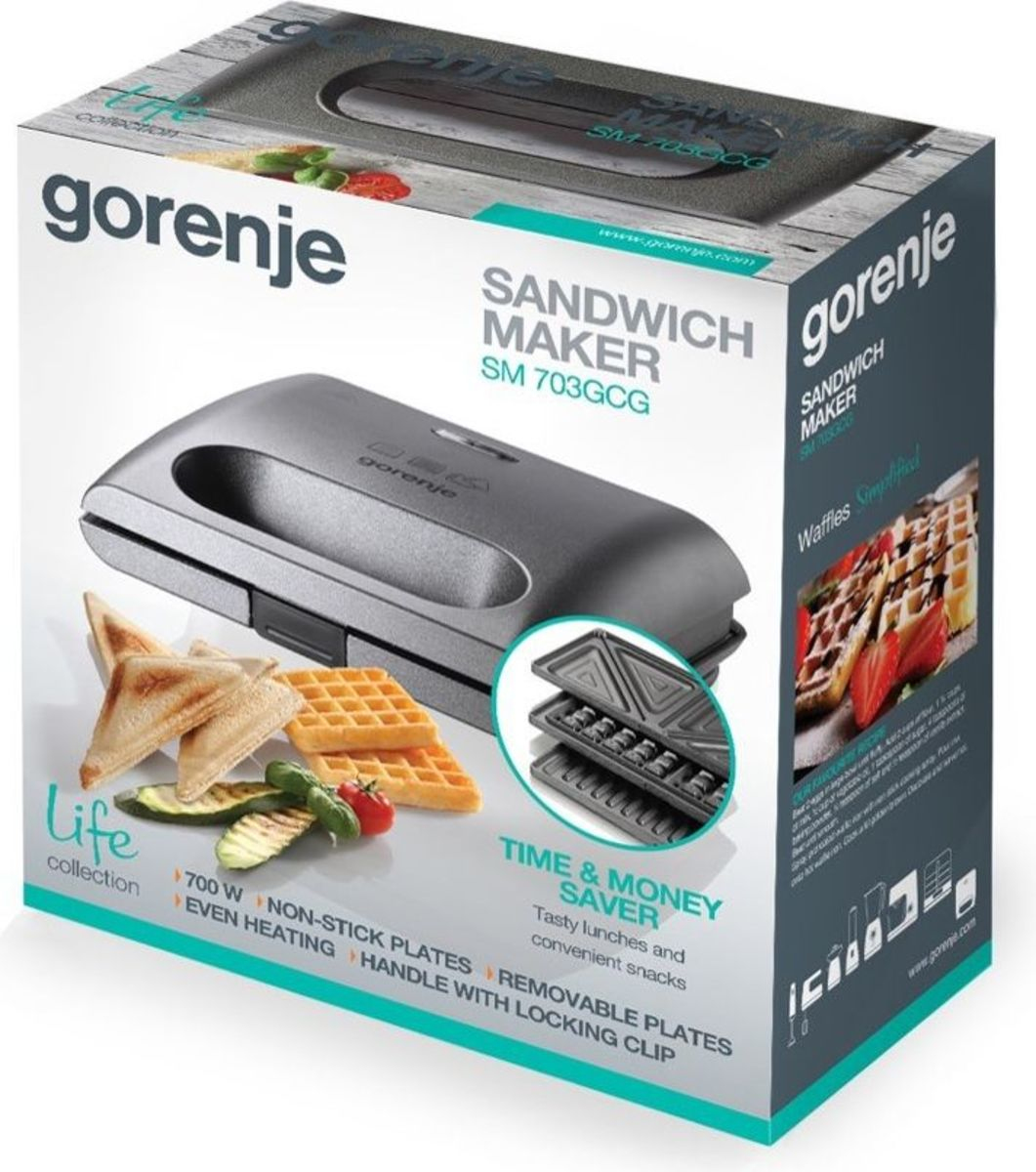 Confezione di una piastra per panini Gorenje con panini, waffle e verdure raffigurati.