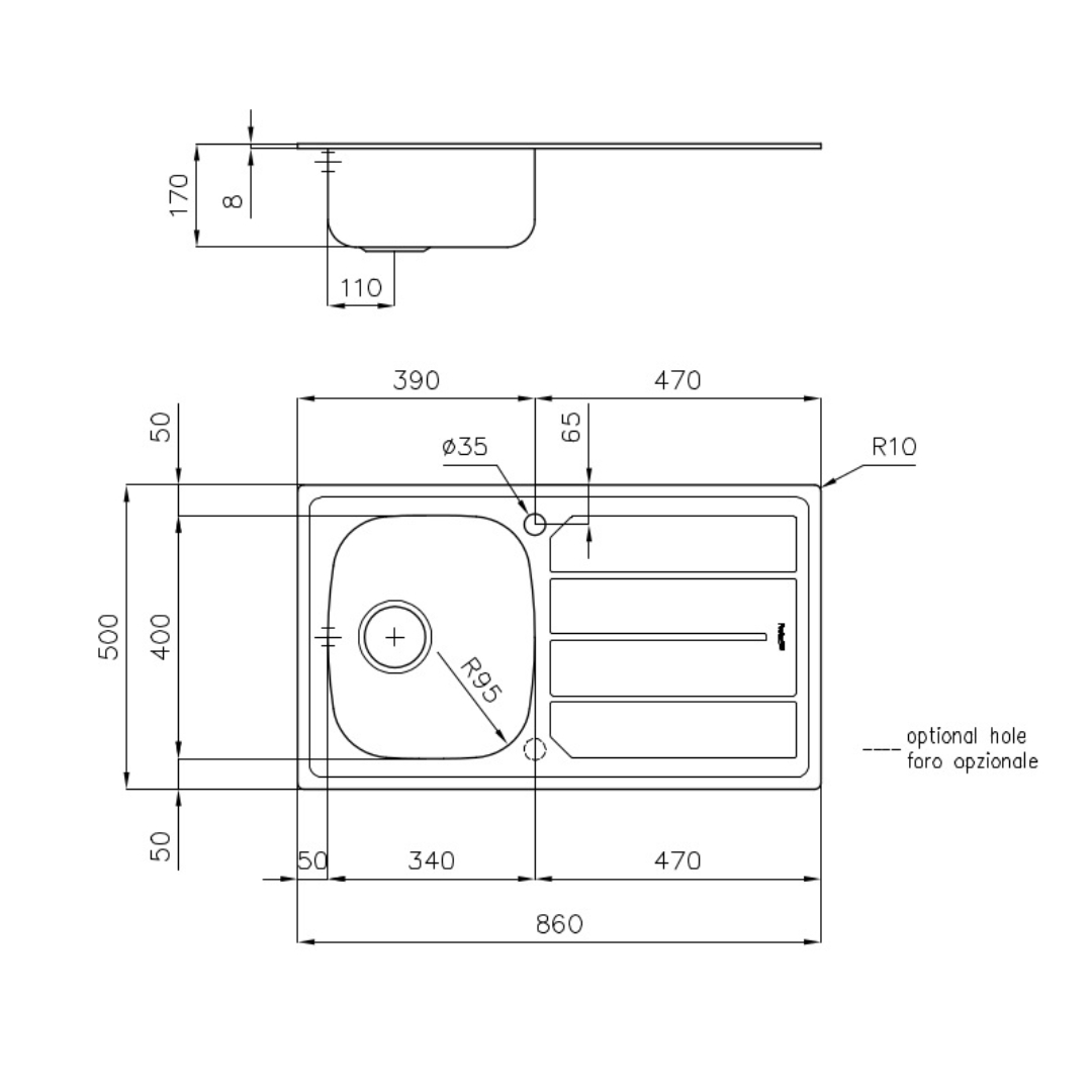 Disegno tecnico di un lavello da cucina con dimensioni in millimetri in vista dall'alto e laterale.