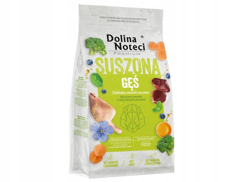 Una bolsa blanca de comida para perros Dolina Noteci con imágenes de ganso, brócoli, zanahorias y arándanos.