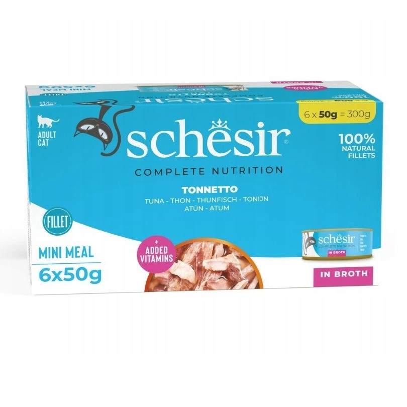 Caja de comida para gatos Schesir azul con sabor a atún, con seis porciones de 50g.