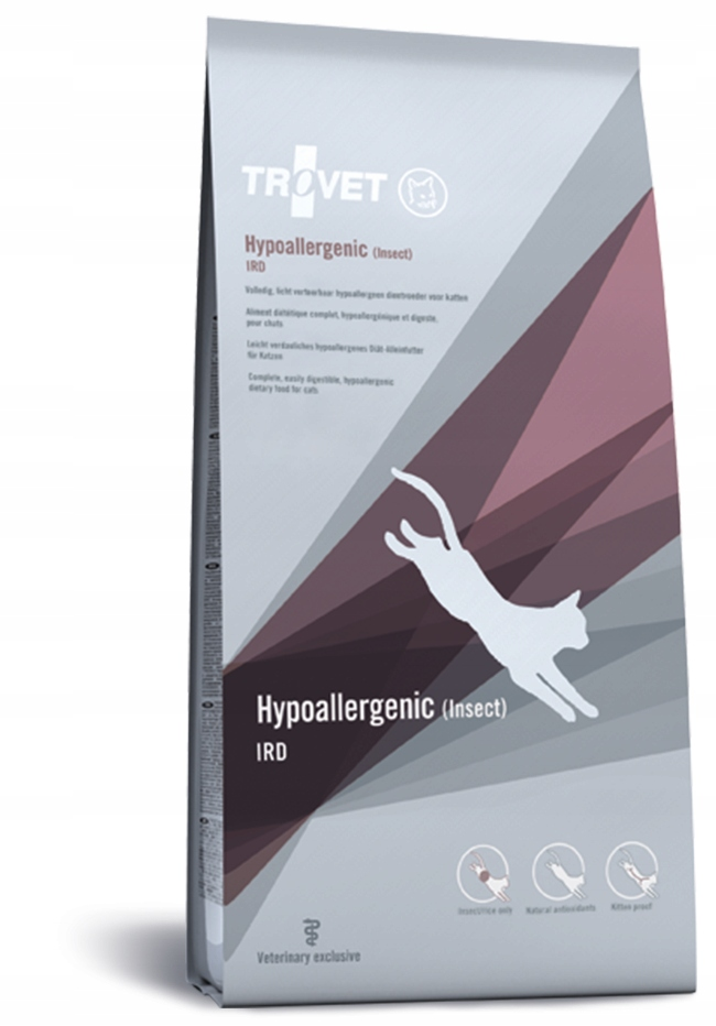 Szara torba karm dla kotów Trovet Hypoallergenic Insect z białą ilustracją kota.