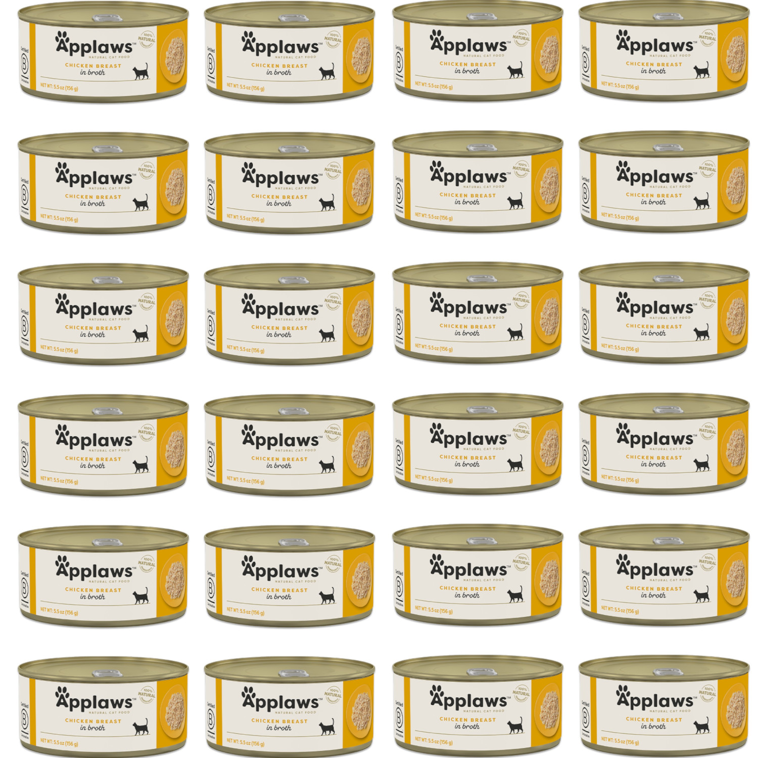 Una serie de latas amarillas idénticas de comida para gatos Applaws dispuestas en una cuadrícula sobre fondo blanco.