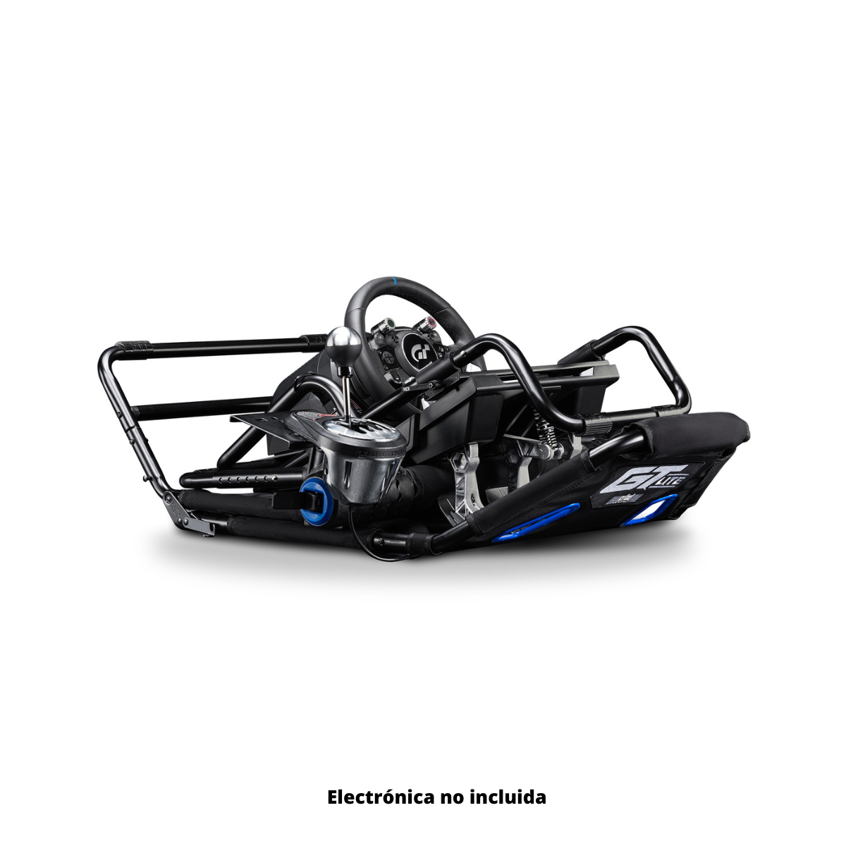 Un cockpit de juegos negro plegado con volante, pedales y palanca de cambios.
