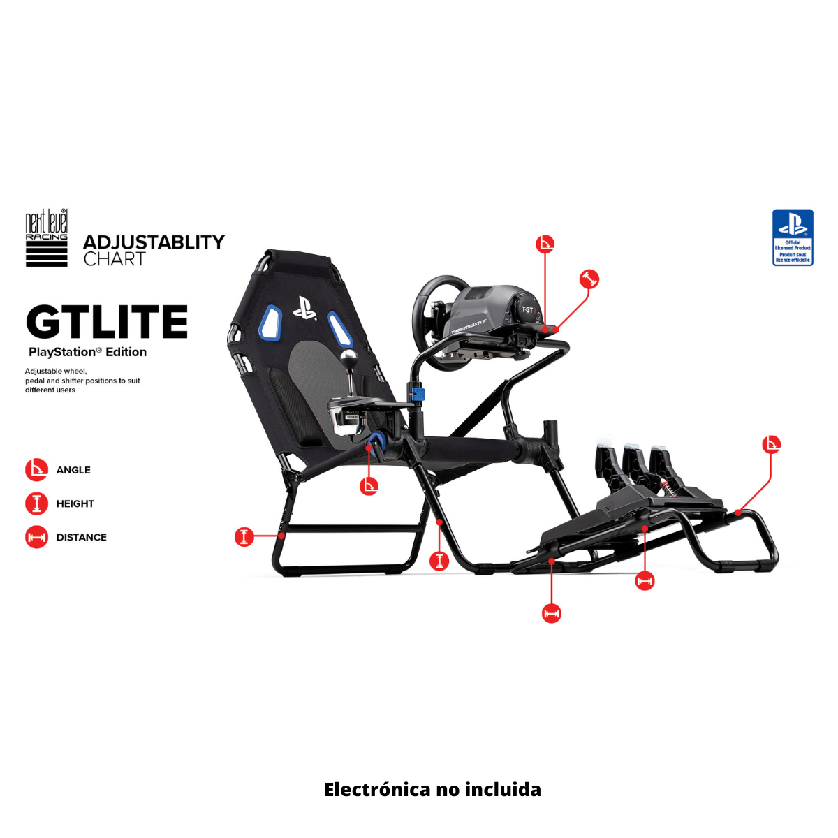 Tabla de ajuste del simulador de carreras GTLITE PlayStation Edition con volante, pedales e iconos de ajuste rojo.