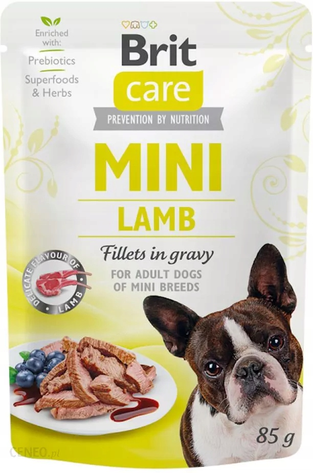 Saszetka z karmą dla psa Brit Care Mini Lamb z psem i miską jagnięciny z jagodami.