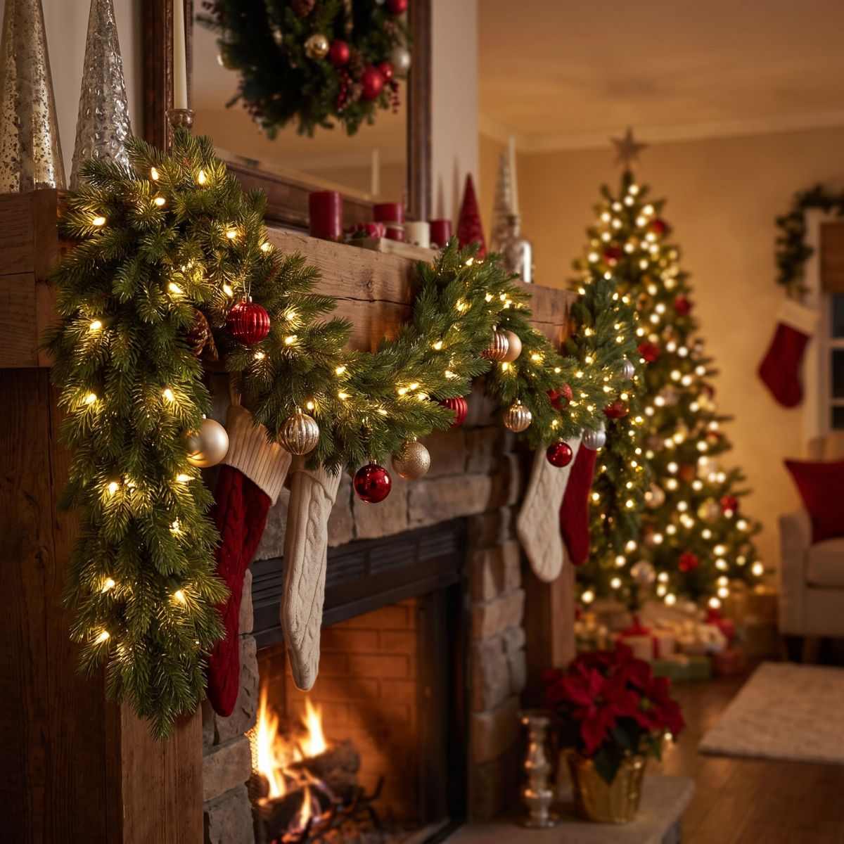 Ein gemütlicher Kamin mit beleuchteter Girlande und Socken, im Hintergrund ein verschwommener Weihnachtsbaum.