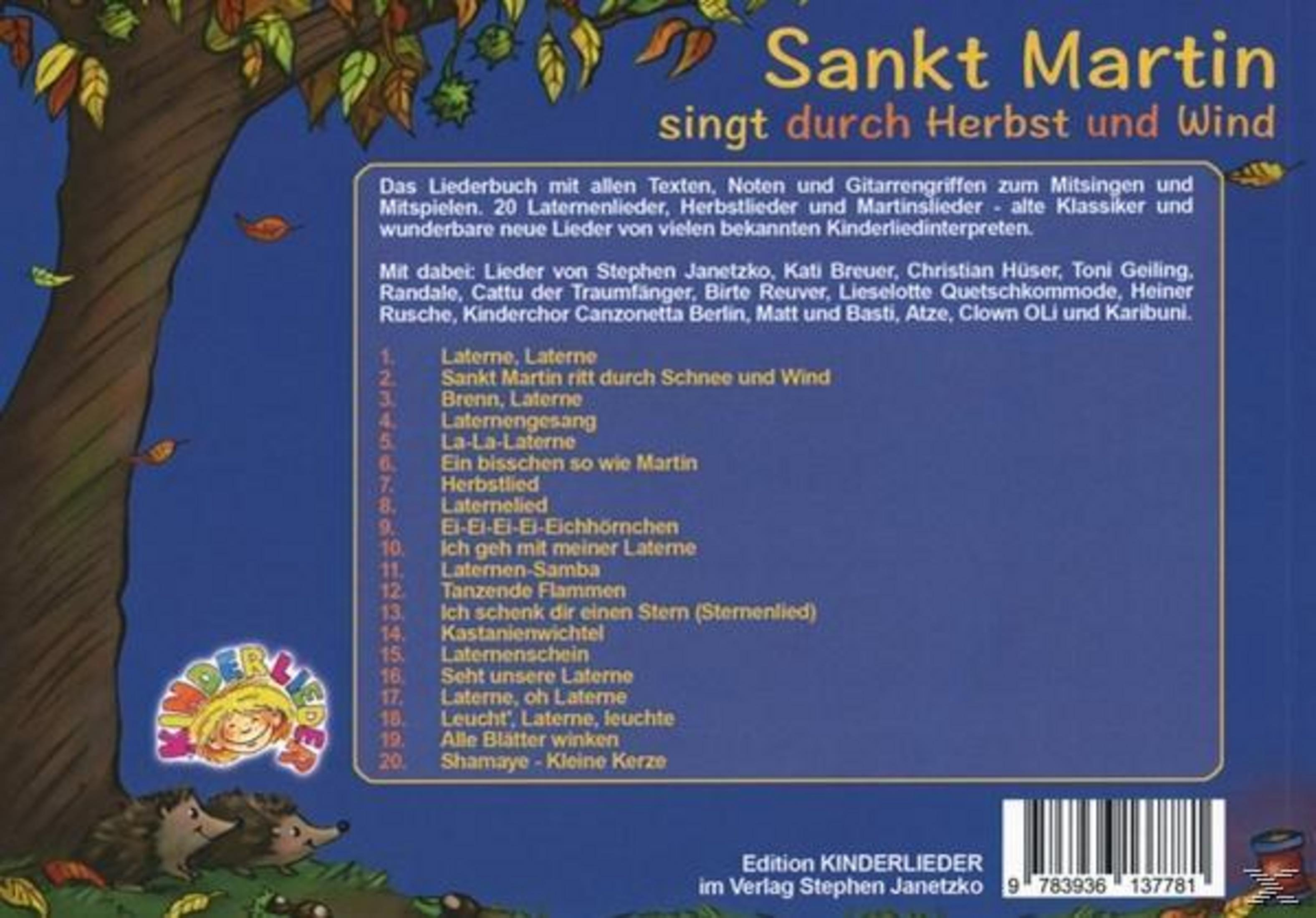 Rückseite eines Liederbuchs für Sankt Martin mit Liedertiteln auf blauem Hintergrund.