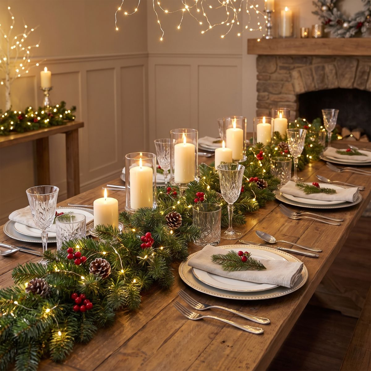 Ein weihnachtlich gedeckter Holztisch mit grünen Girlanden, brennenden Kerzen, Tellern und Weingläsern.