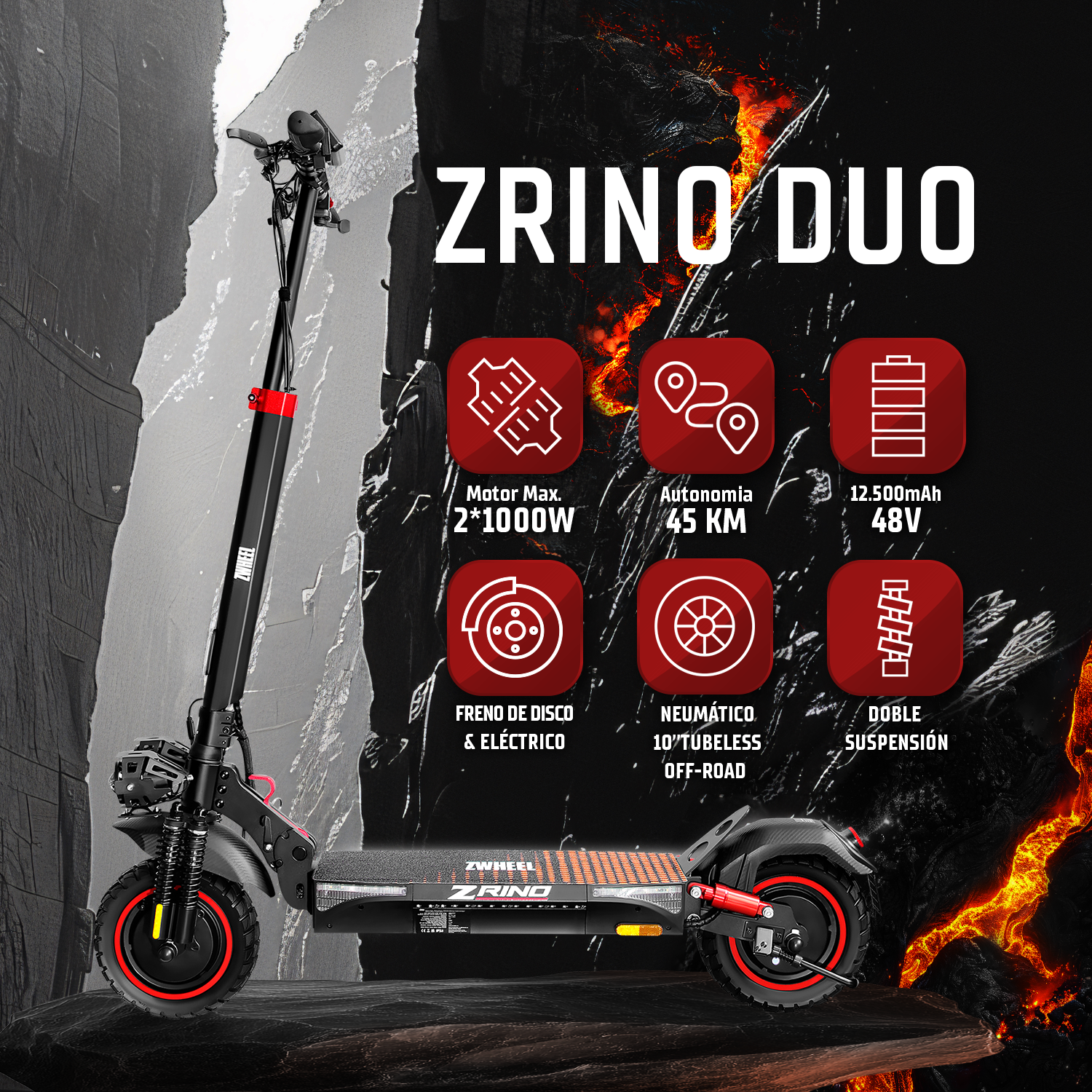 Patinete eléctrico negro ZWheel Zrino Duo sobre fondo negro y rojo con iconos técnicos.