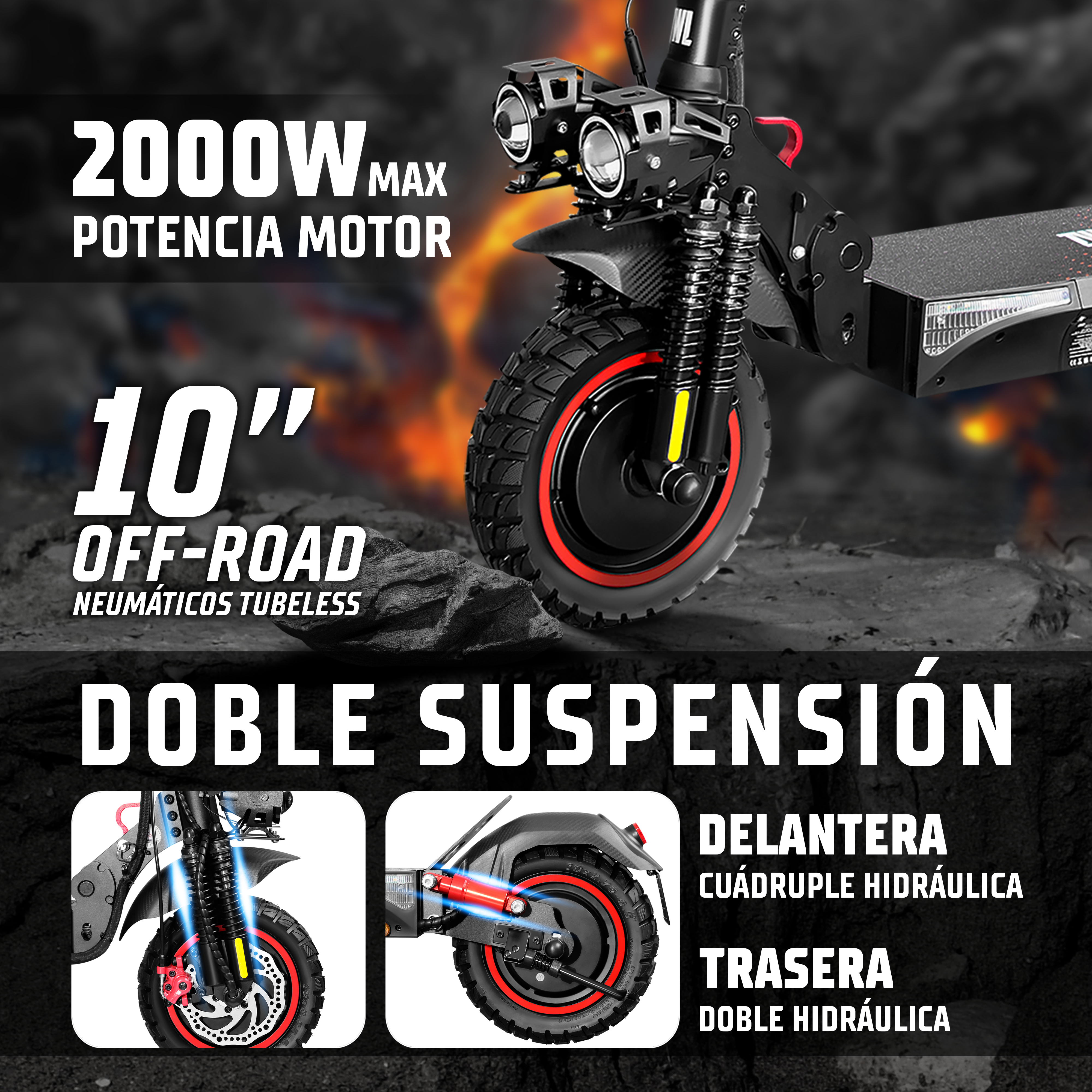 Anuncio de patinete eléctrico destacando doble suspensión, neumáticos de 10" y motor de 2000W.