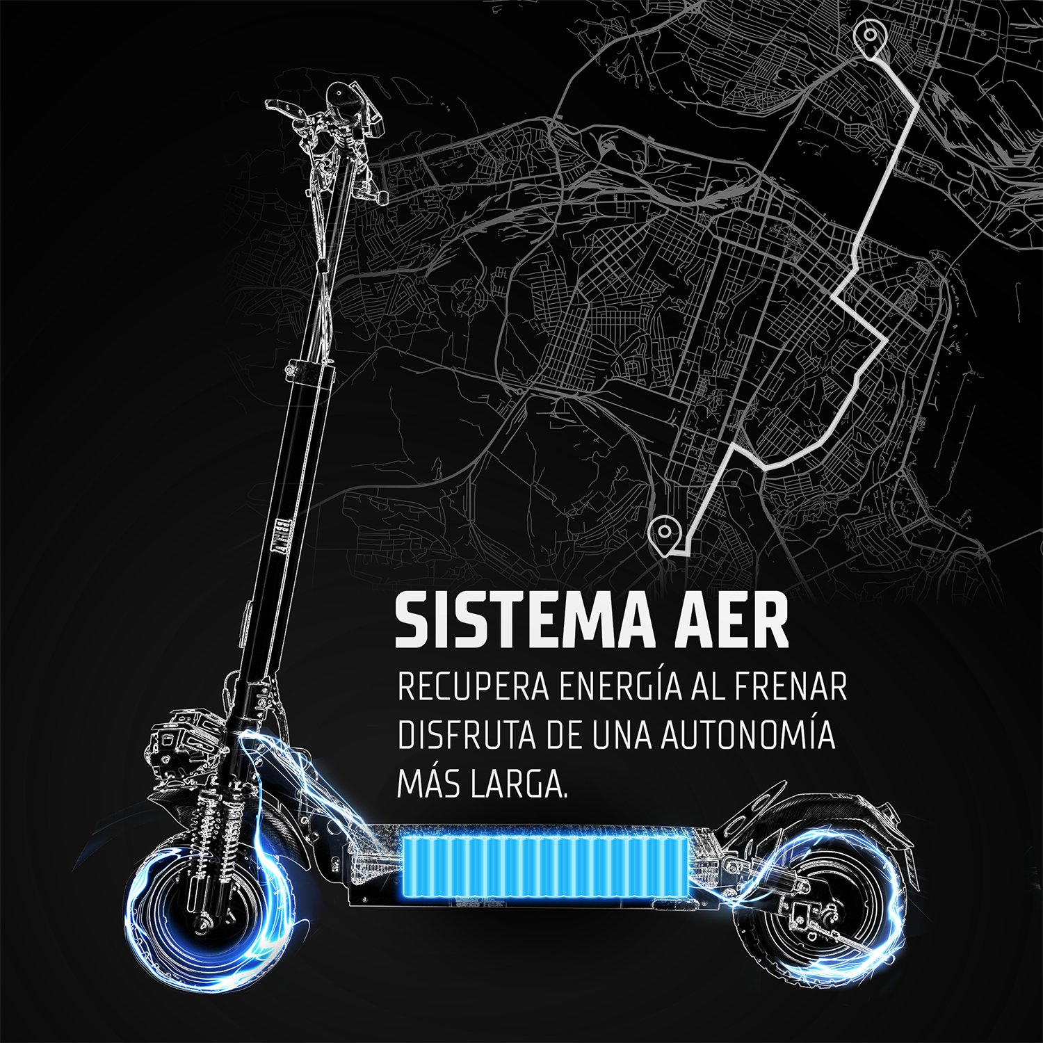 Un patinete eléctrico con flujo de energía azul sobre un fondo de mapa de la ciudad.