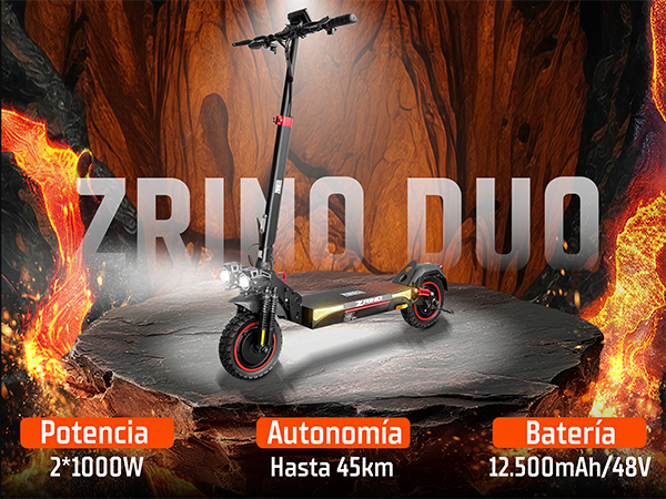 Un patinete eléctrico negro con detalles rojos sobre una roca oscura con un fondo volcánico ardiente y lava.