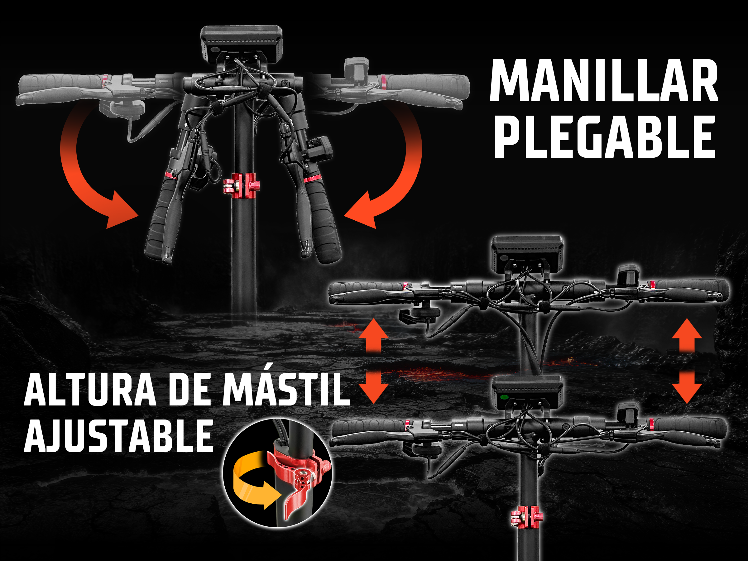 Diagrama que muestra el manillar plegable y la altura del mástil ajustable de un patinete eléctrico.