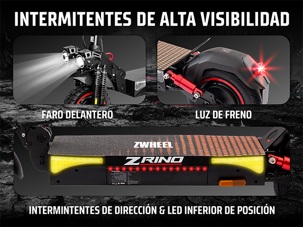 Patinete eléctrico con faros delanteros brillantes, luz de freno e intermitentes inferiores amarillos.