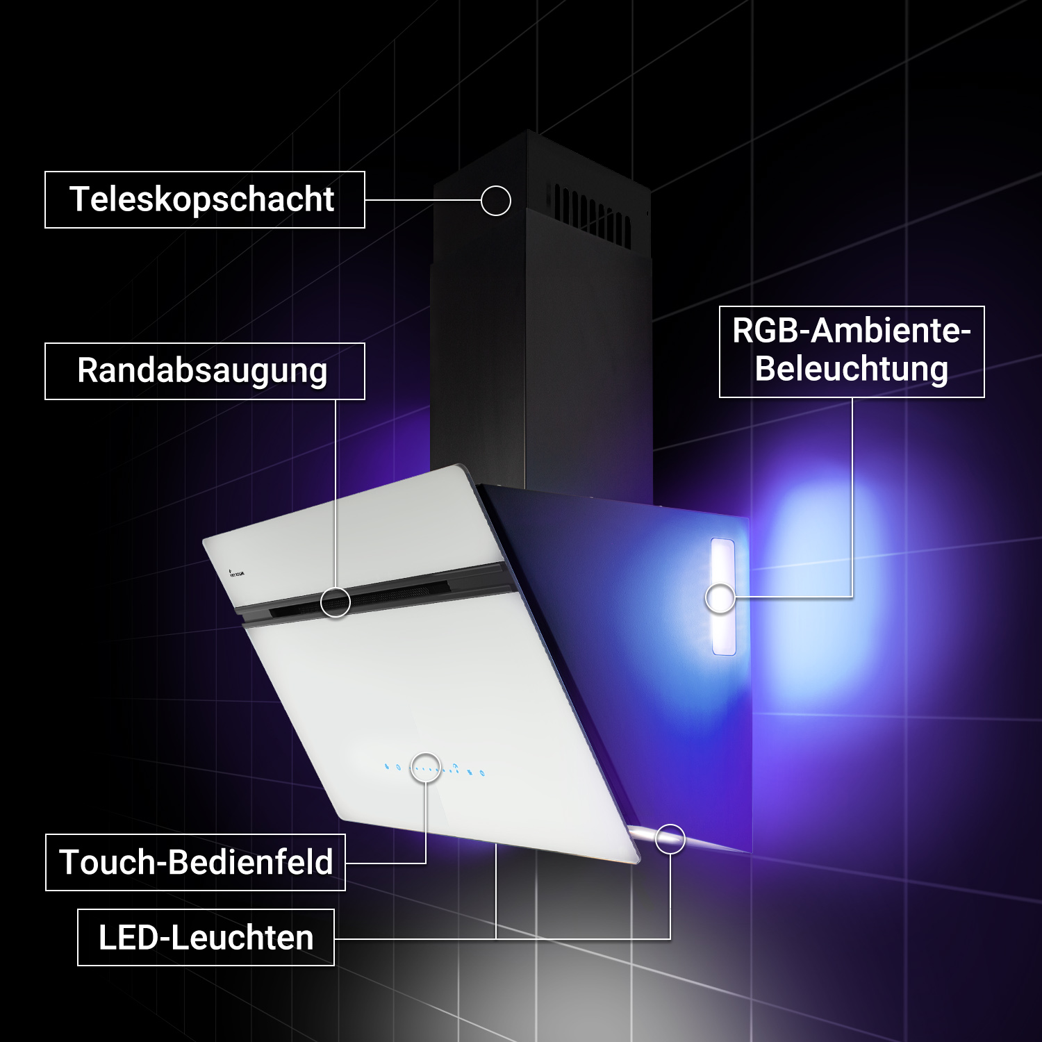 Moderna cappa da cucina in bianco e nero con illuminazione RGB blu ed etichette descrittive su sfondo scuro.