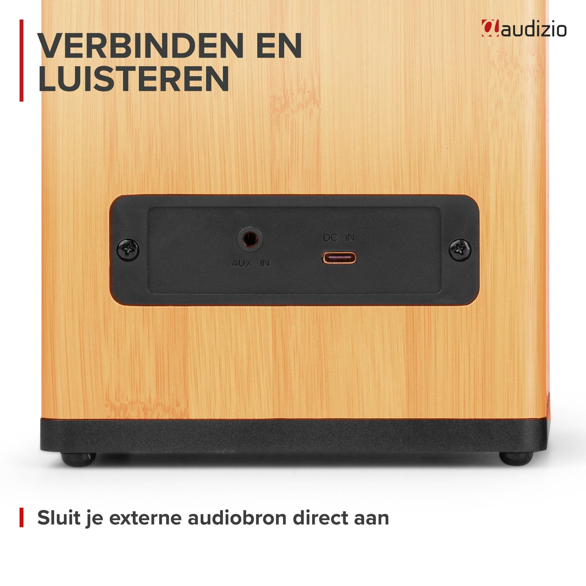 Panel trasero de un altavoz de madera clara con entrada auxiliar y puerto USB-C.