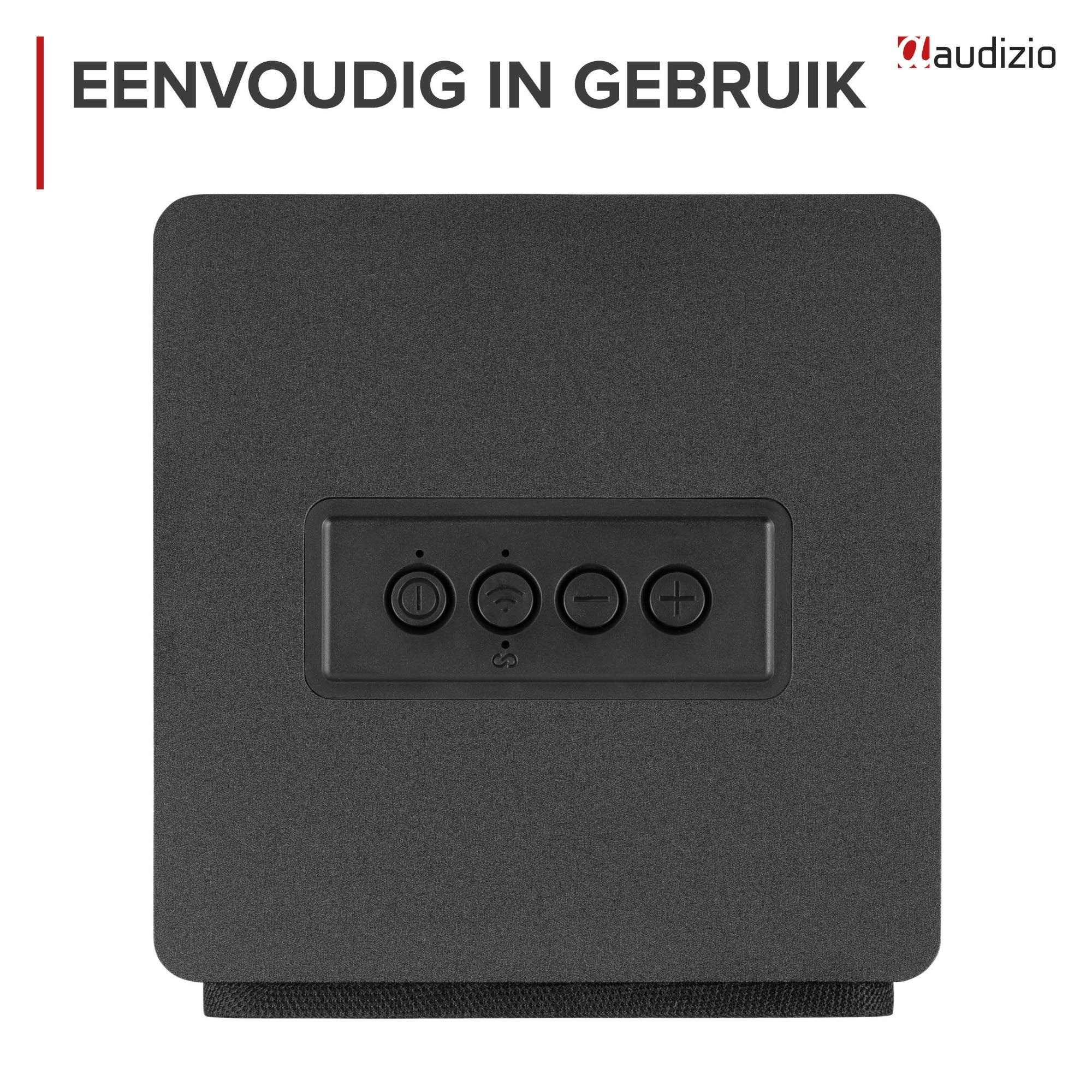 Panel de control con cuatro botones en un altavoz negro.