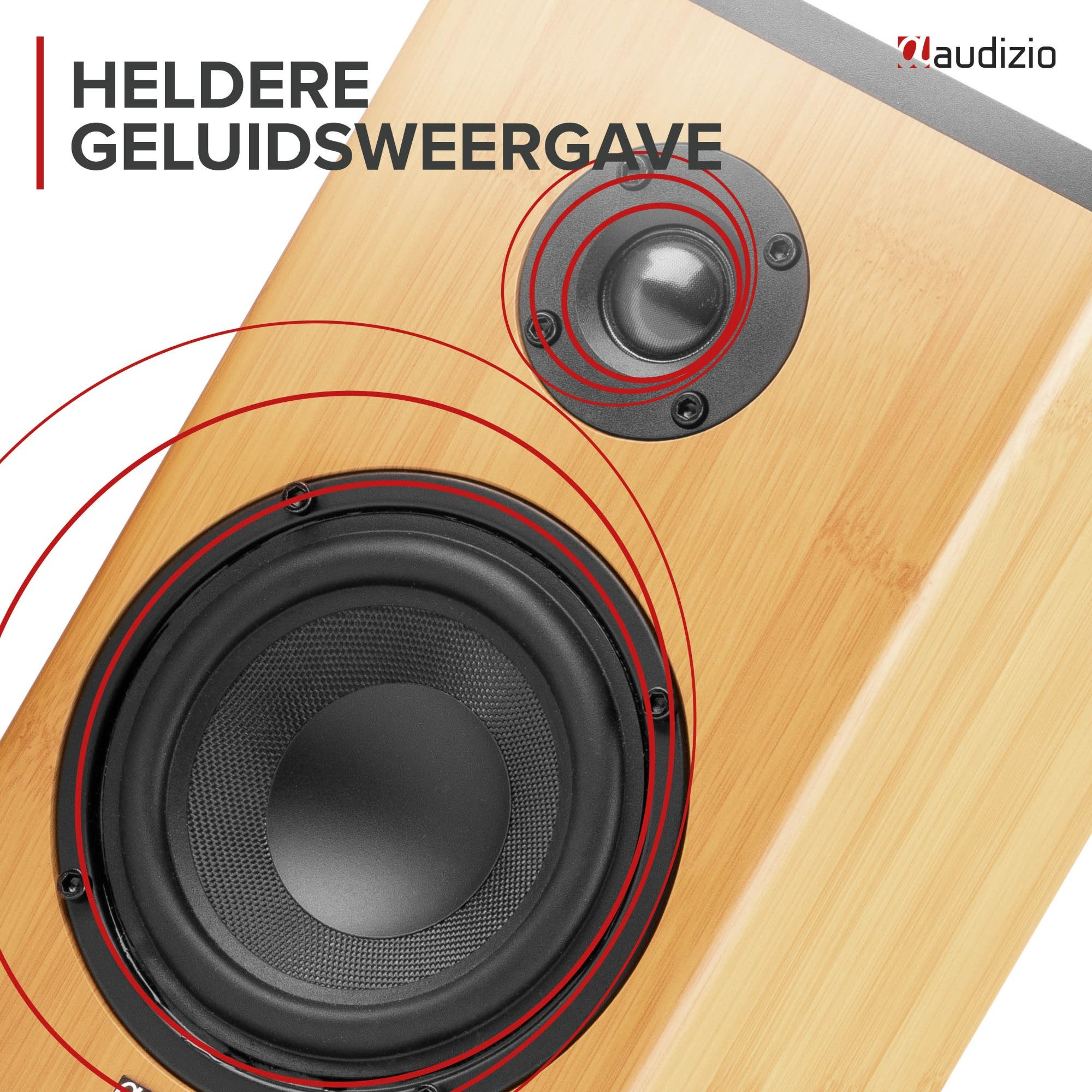 Primer plano de un altavoz de madera clara con círculos concéntricos rojos que representan ondas de sonido.