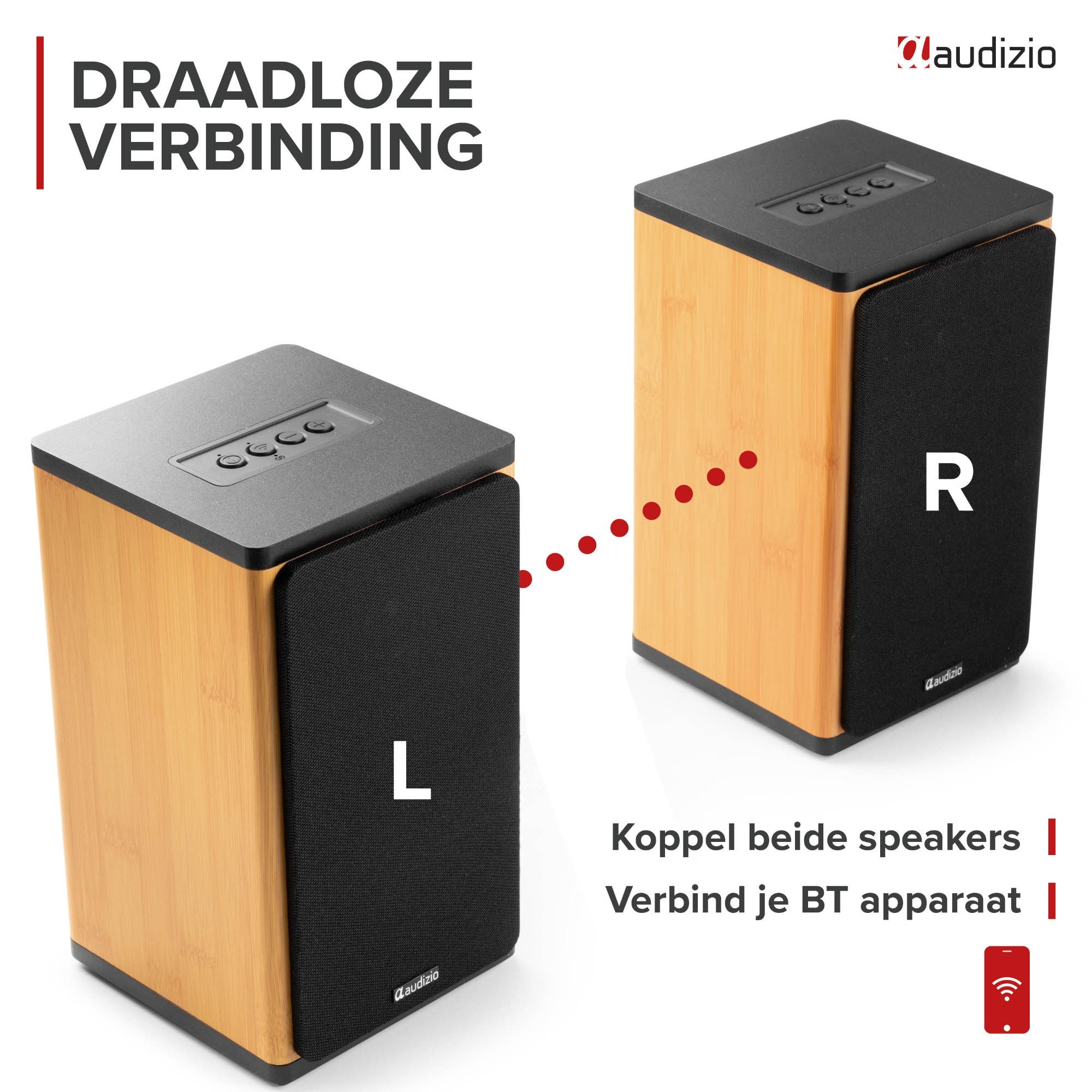 Dos altavoces inalámbricos de madera, marcados con L y R, que muestran el emparejamiento sobre fondo blanco.
