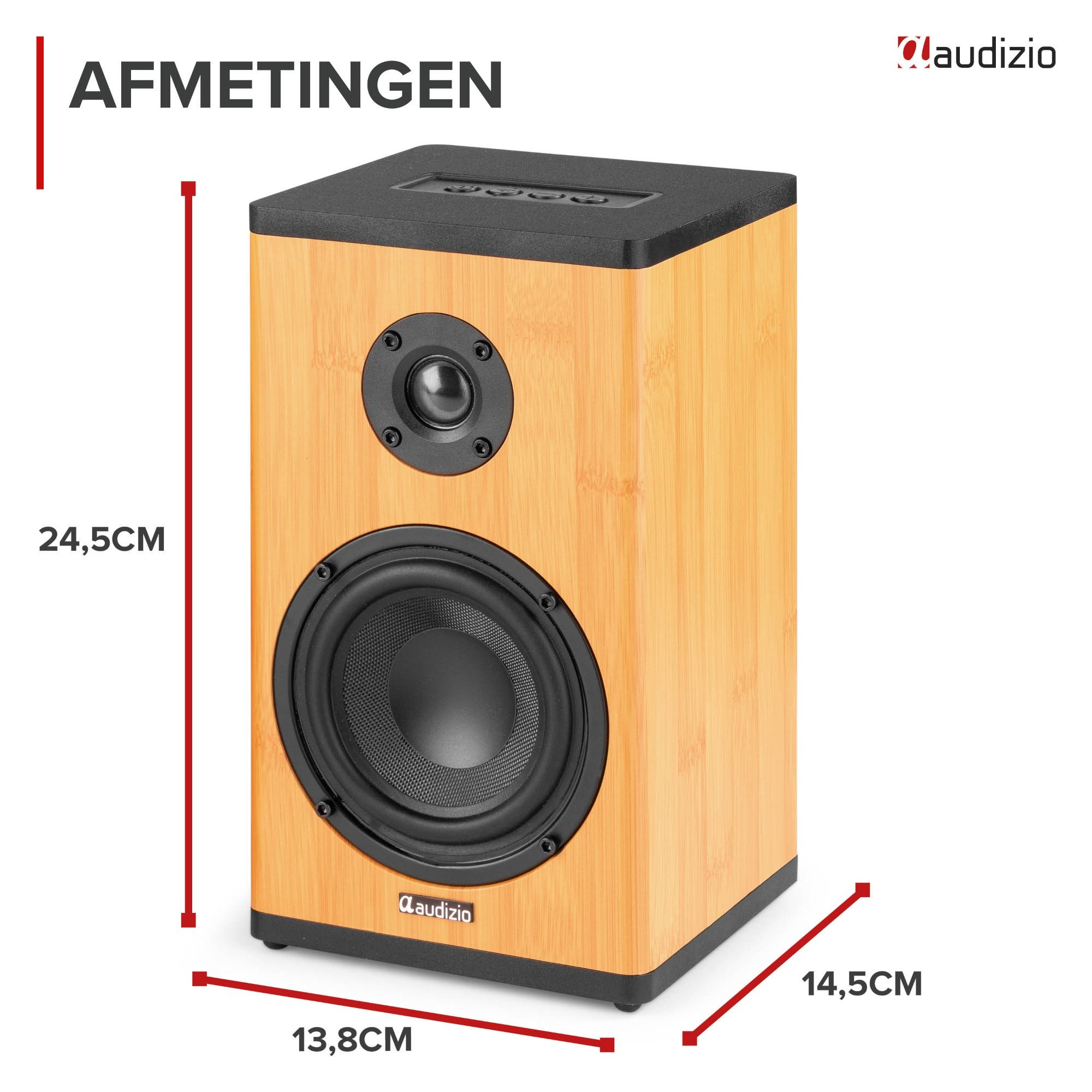Dimensiones de un altavoz Audizio de bambú: 24,5 cm de alto, 13,8 cm de ancho, 14,5 cm de profundidad.