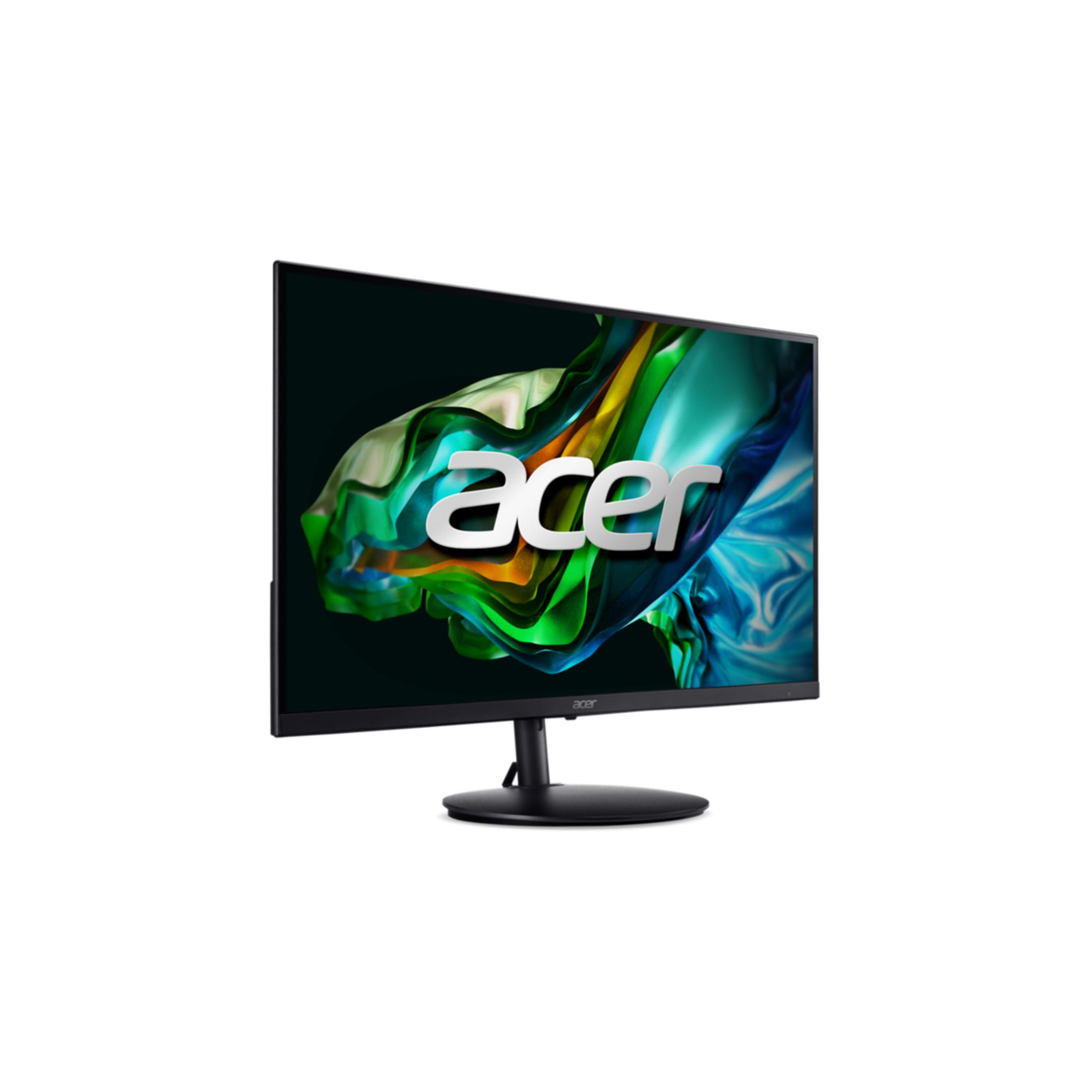 Un monitor Acer nero con base rotonda mostra uno sfondo astratto e colorato con il logo Acer.