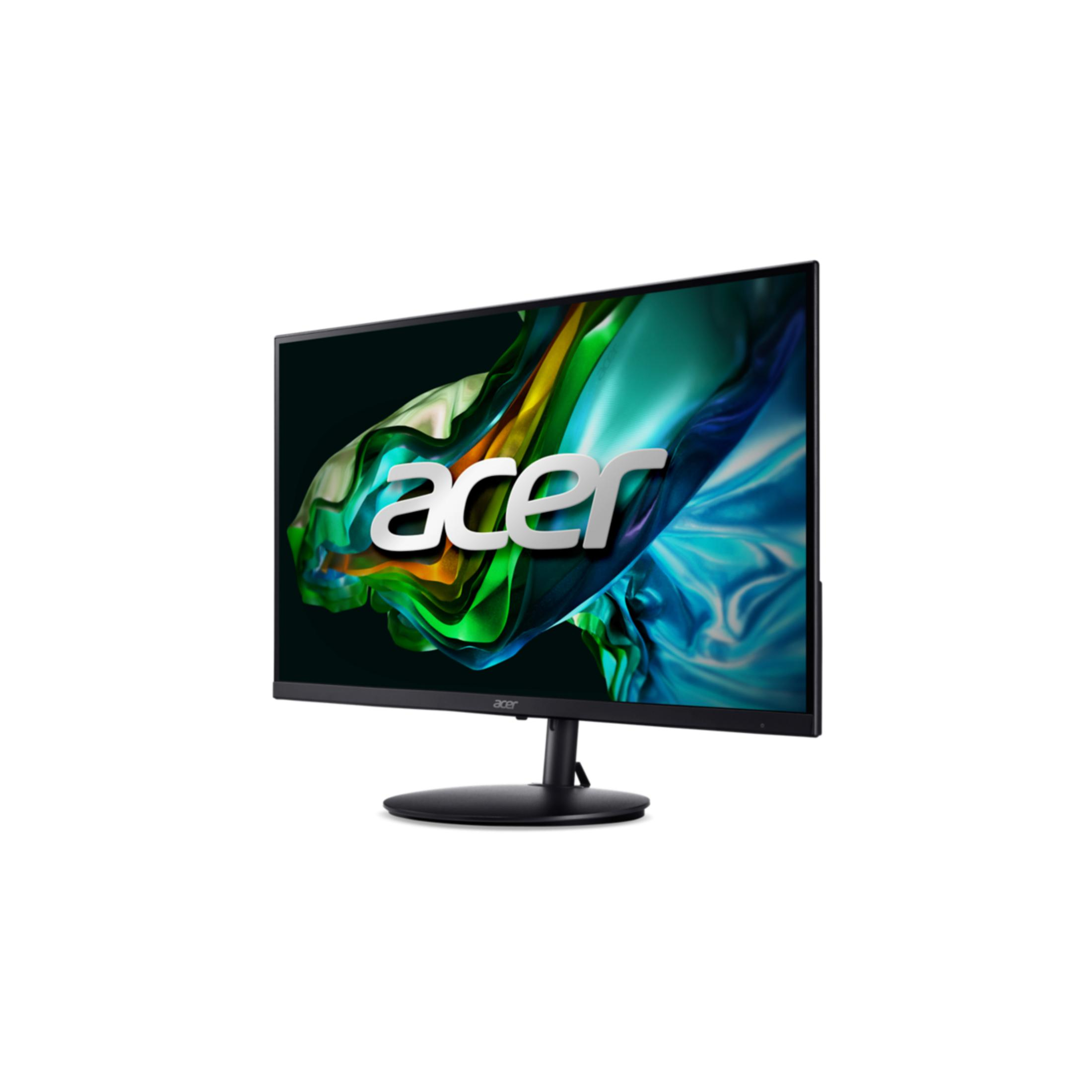 Un monitor Acer nero con cornici sottili e uno sfondo dello schermo colorato si trova su una base rotonda.