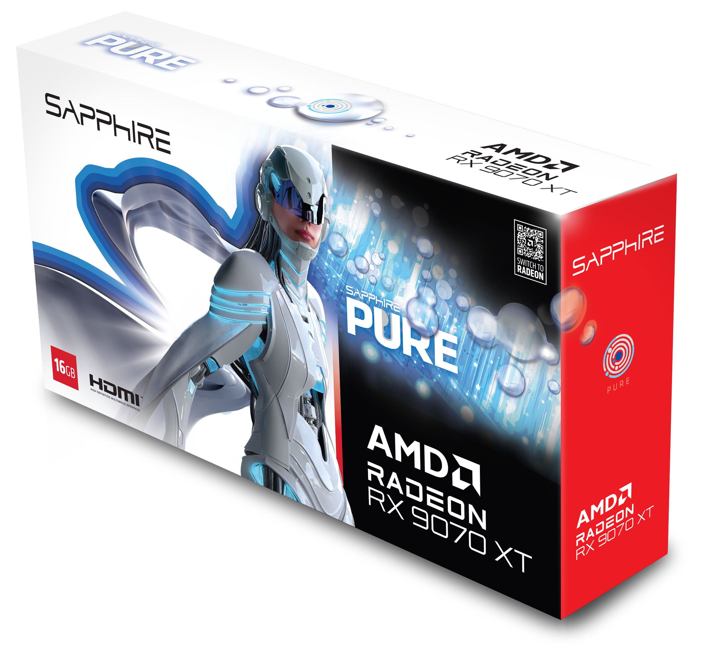 Verpackung der Sapphire Pure AMD Radeon RX 9070 XT Grafikkarte mit futuristischem Cyborg-Design.
