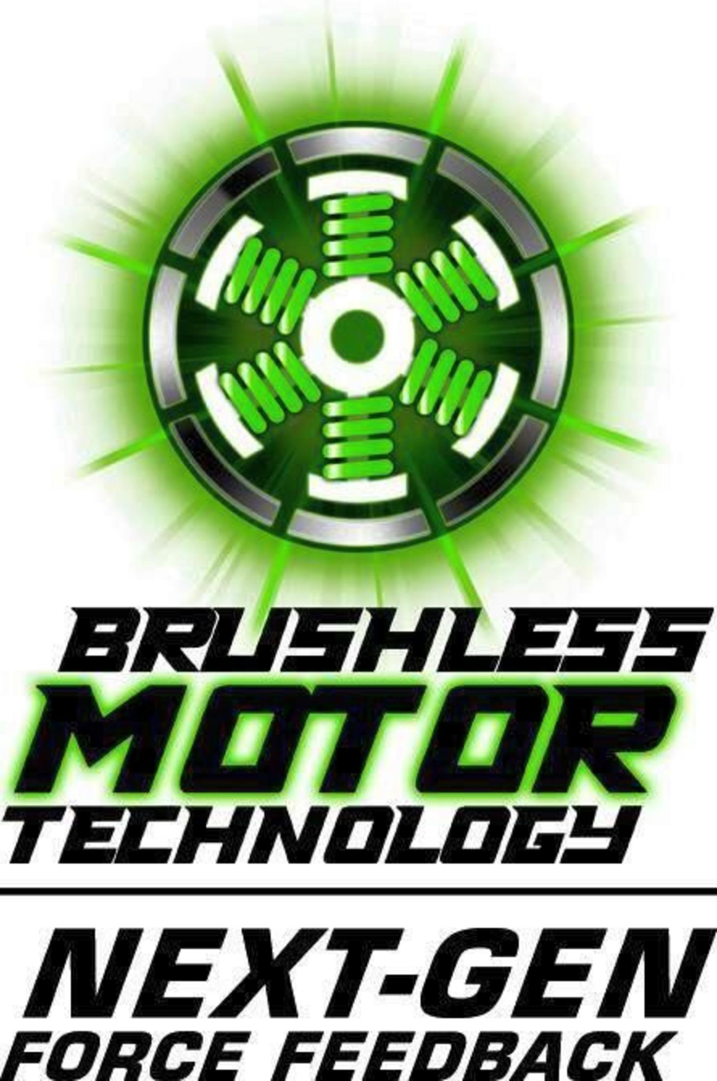 Grünes, technisches Logo mit der Aufschrift Brushless Motor Technology und Next-Gen Force Feedback.