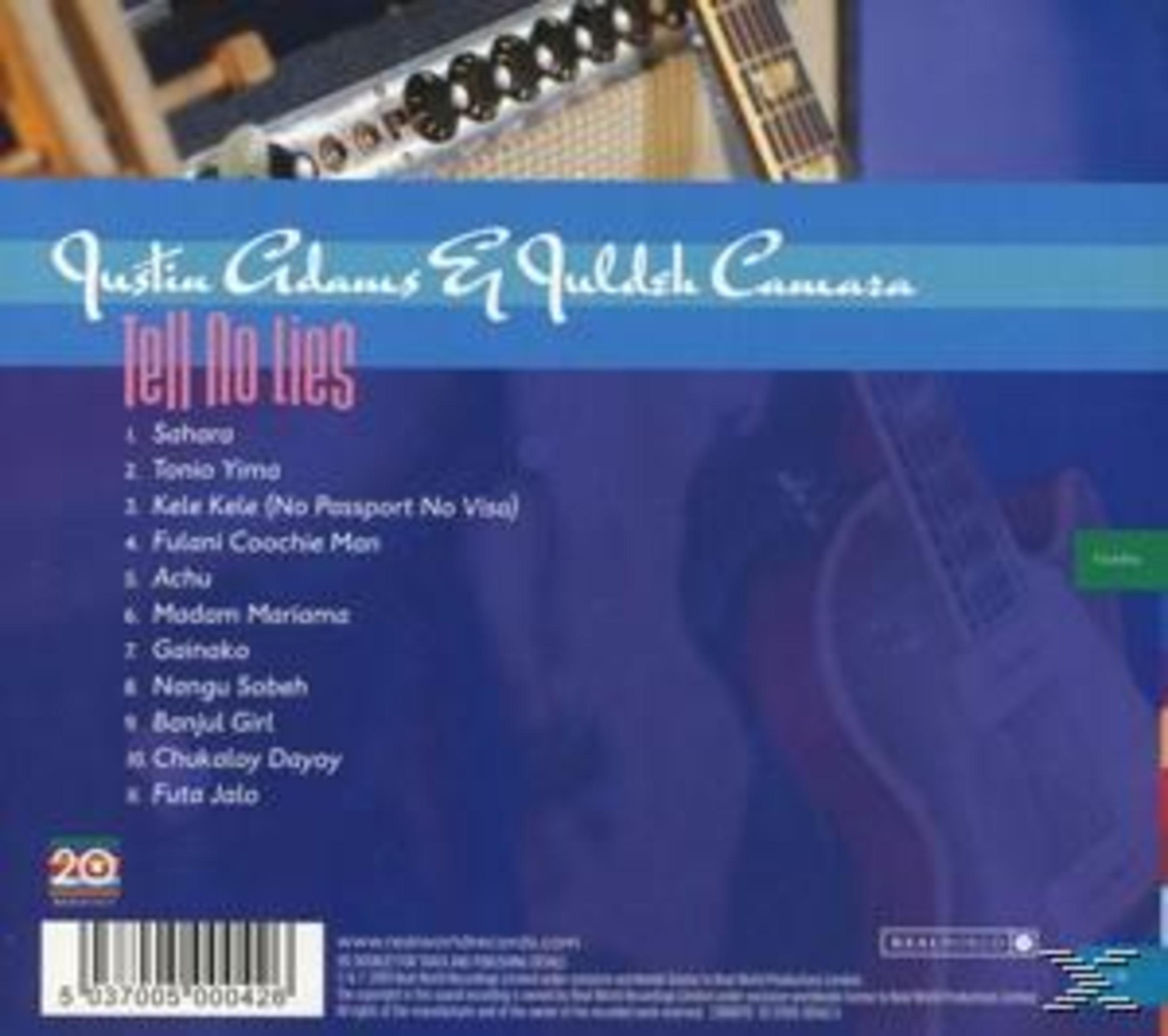 Albumcover mit Text für Justin Adams und Juldeh Camara, Tell No Lies, mit Gitarren im Hintergrund.