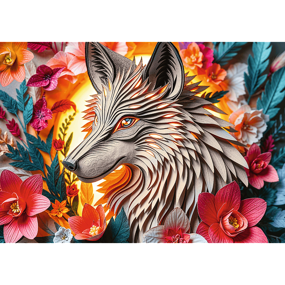Ein geschnitzter Holzwolf im Profil, umgeben von bunten Blumen und grünen Blättern vor einem warmen Hintergrund.