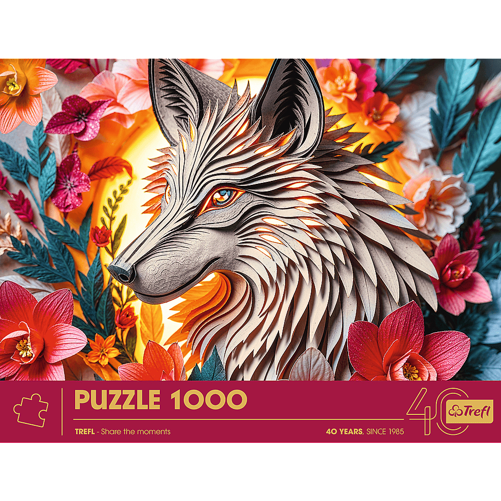 Eine mehrschichtige Papierkunst-Illustration eines Wolfskopfes, umgeben von bunten Blumen und Blättern vor warmem Hintergrund.