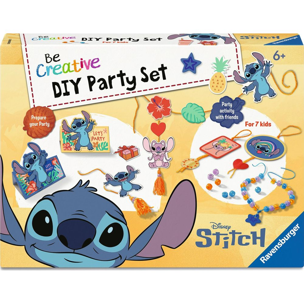 Ravensburger Disney Stitch DIY-Partyset mit Bastelmaterialien und Figuren auf der Verpackung.