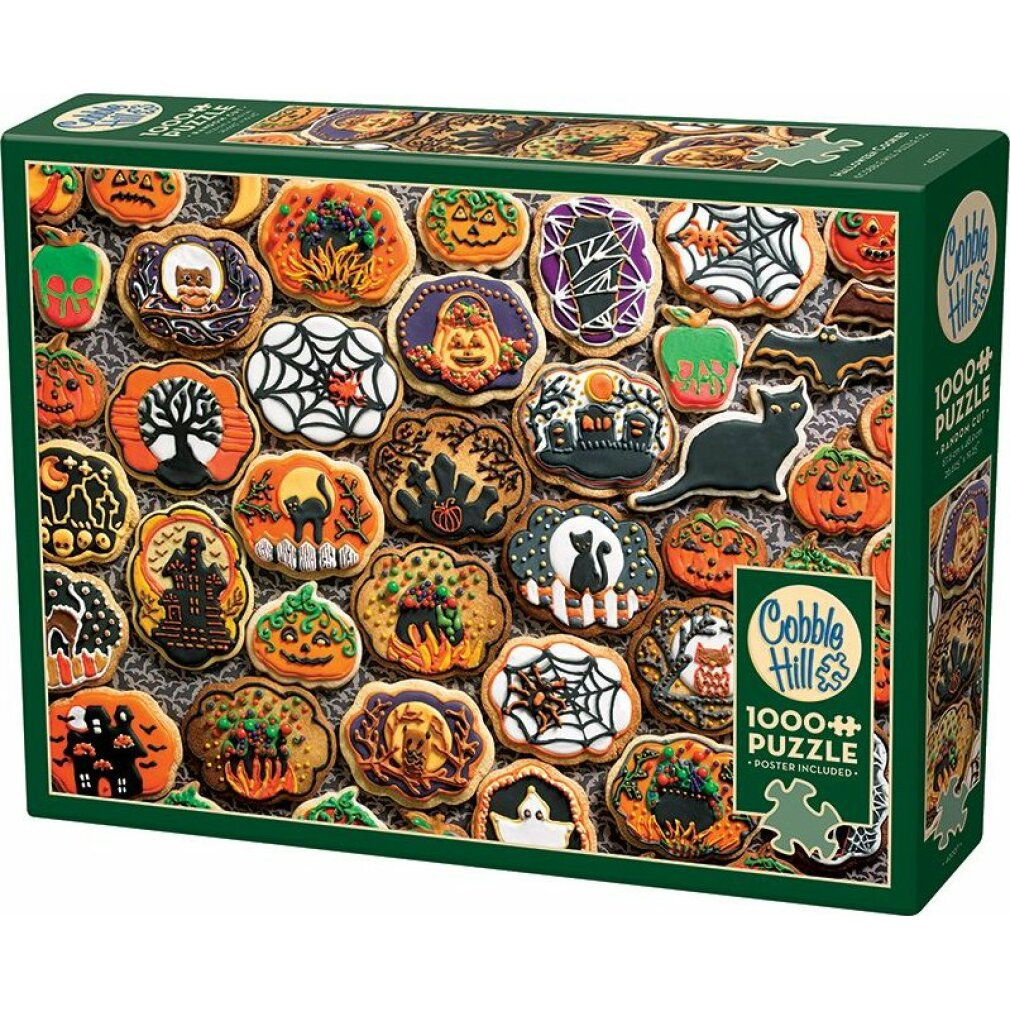 Eine Cobble Hill 1000-Teile-Puzzlebox mit dekorierten Halloween-Keksen mit Geistern, Fledermäusen und Kürbissen.