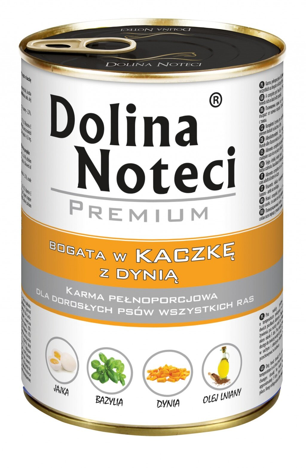 Una lata de comida para perros Dolina Noteci Premium con pato y calabaza.