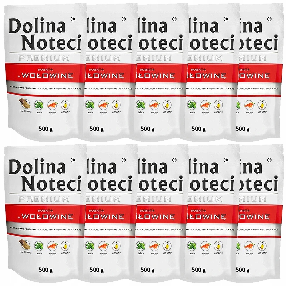 Diez bolsas blancas de comida para perros Dolina Noteci con sabor a carne, dispuestas en dos filas de cinco.
