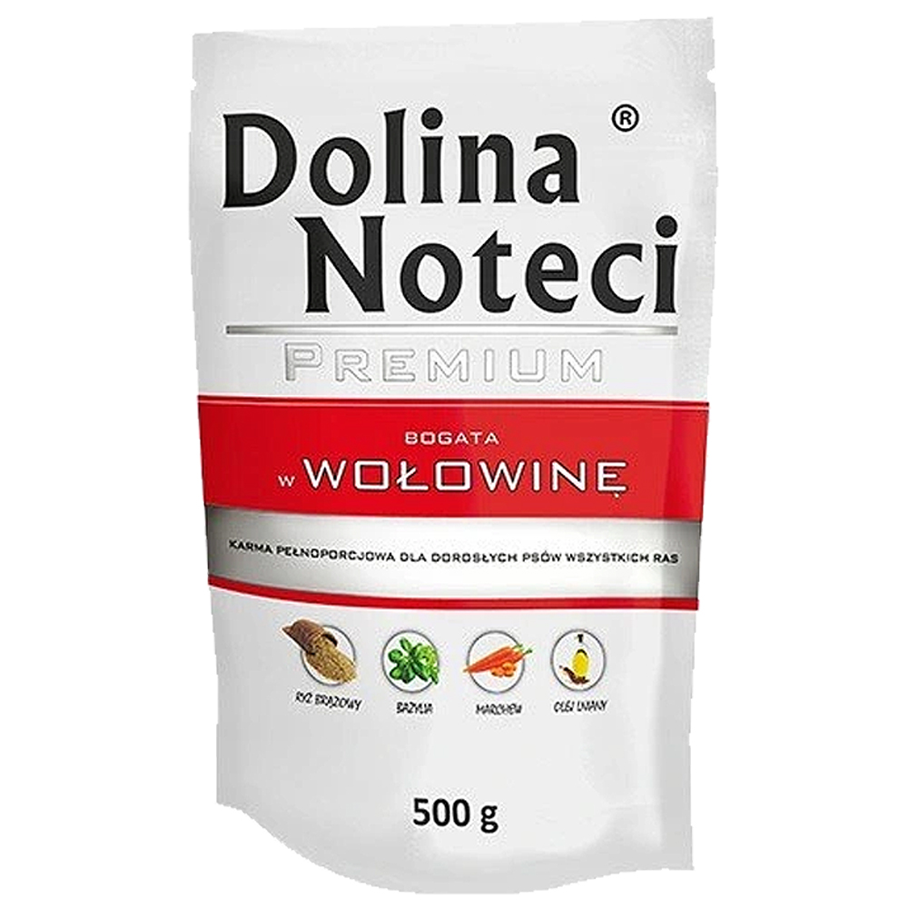 Bolsa de comida para perros Dolina Noteci blanca con franja roja e iconos de arroz, albahaca, zanahorias y aceite.