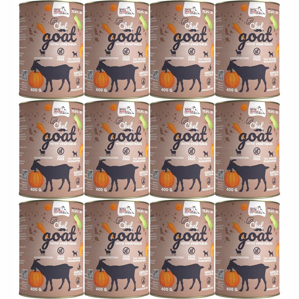 Doce latas idénticas de comida para perros "Chef Goat" con gráficos de cabra y verduras.